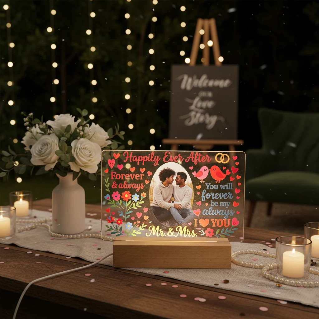 Personalized Anniversary & Wedding Gift for Couples - Custom Photo Engraved Acrylic Keepsake with Names & Date, Romantic Lighted Decor for Husband Wife Girlfriend Boyfriend, Unique Photo Frame Gift Idea