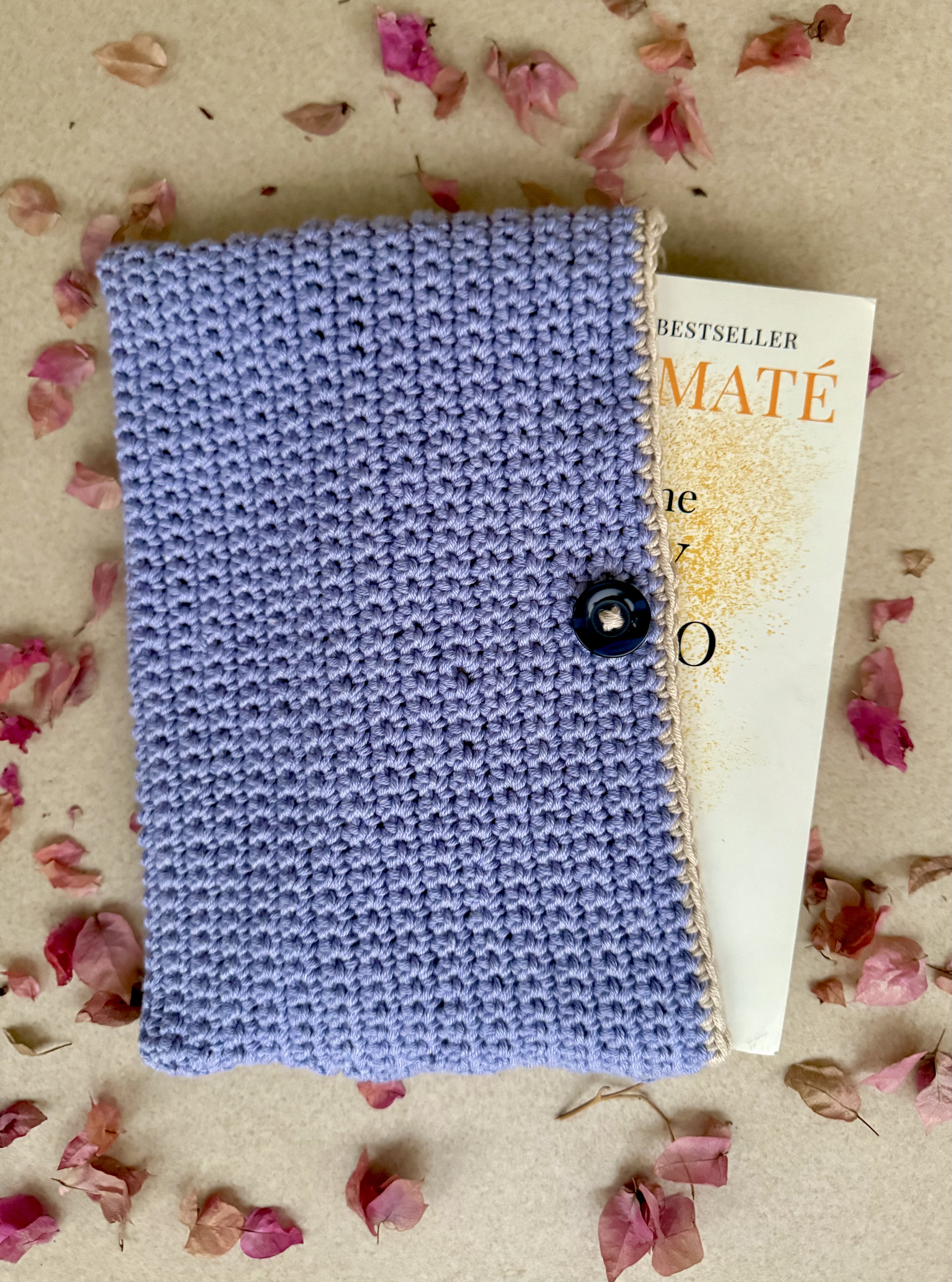 Purple Crochet Book Cover with Button Closure & Cream Borders