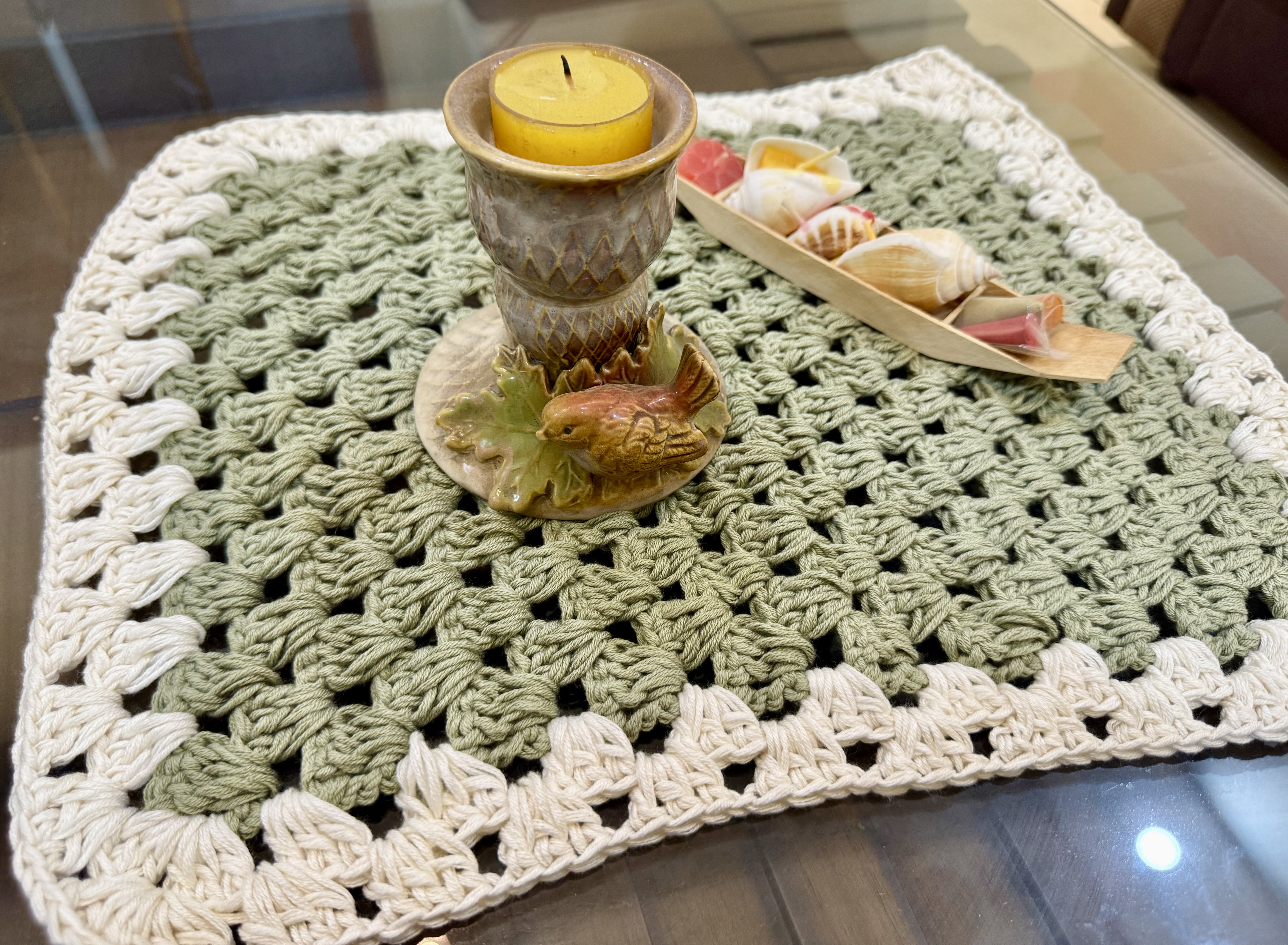 Handmade Green Crochet Table Mat with Cream Borders