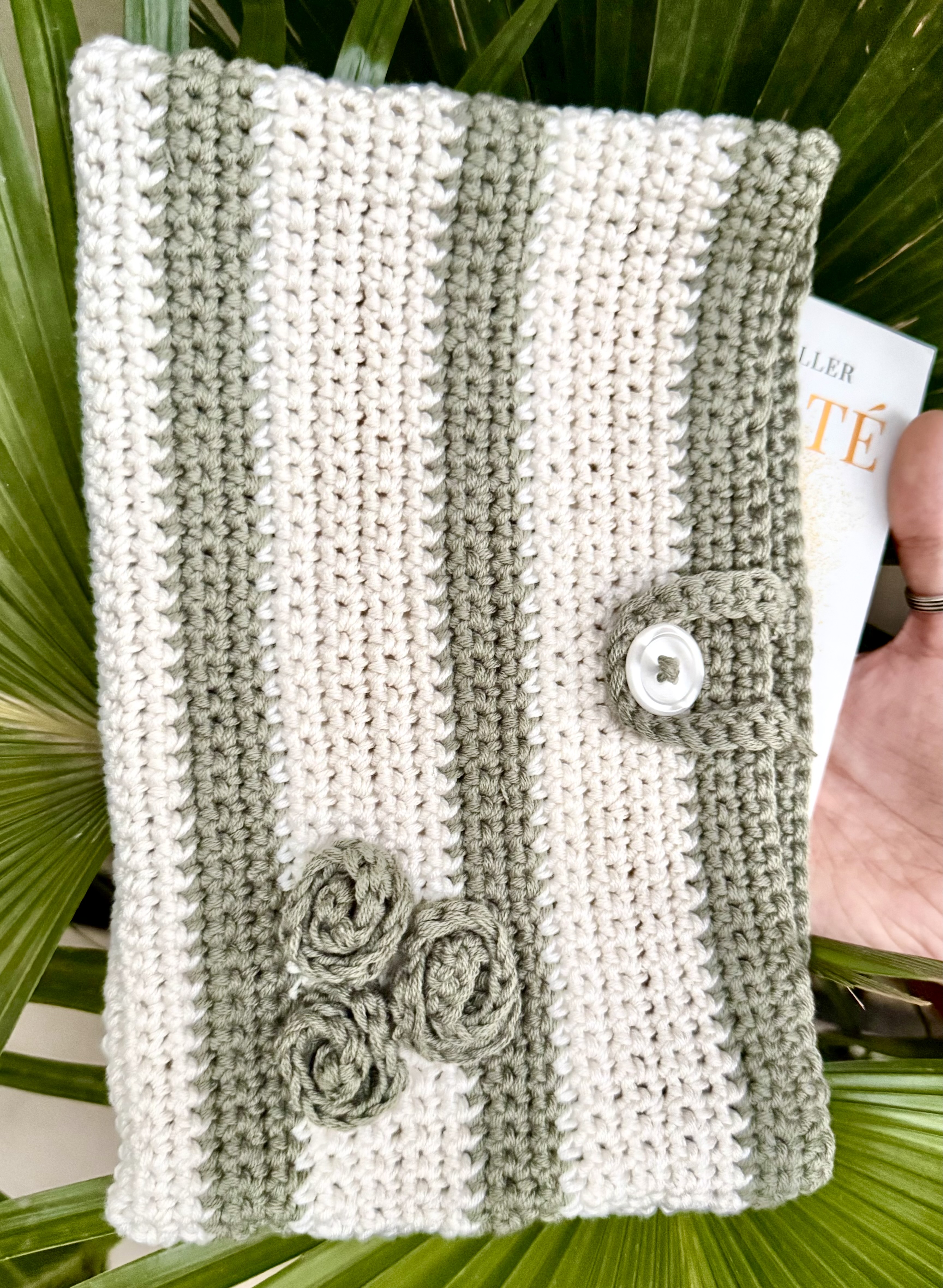 Striped Book Cover with Crochet Roses