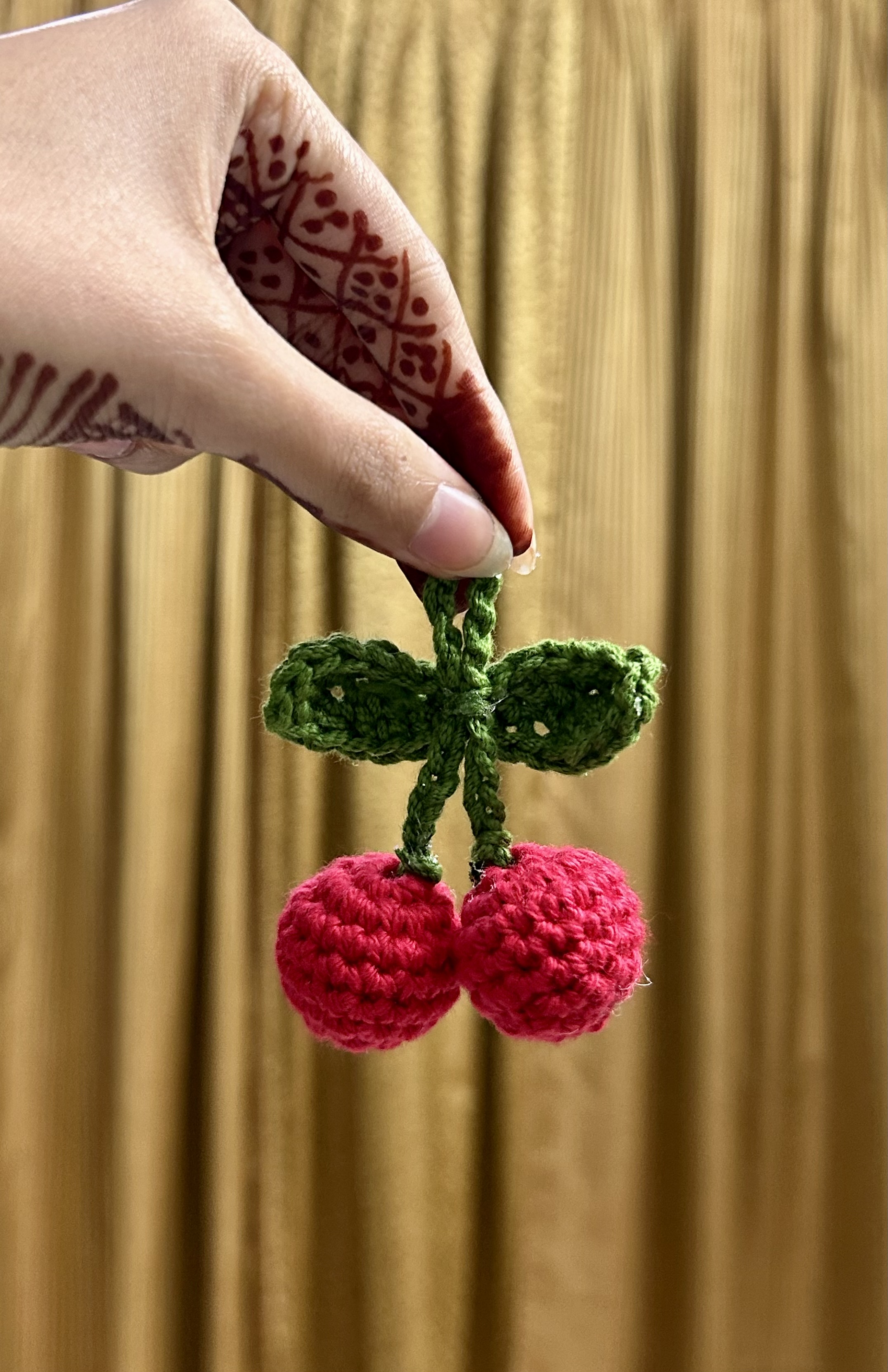 Handmade Crochet Cherry Keyring ๐