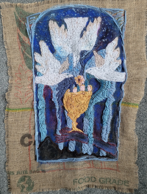 Tarot Ace of Cups Tapestry on Recycled Coffee Bean Bag size A1