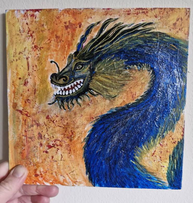Blue Water Dragon on Flat Canvas 