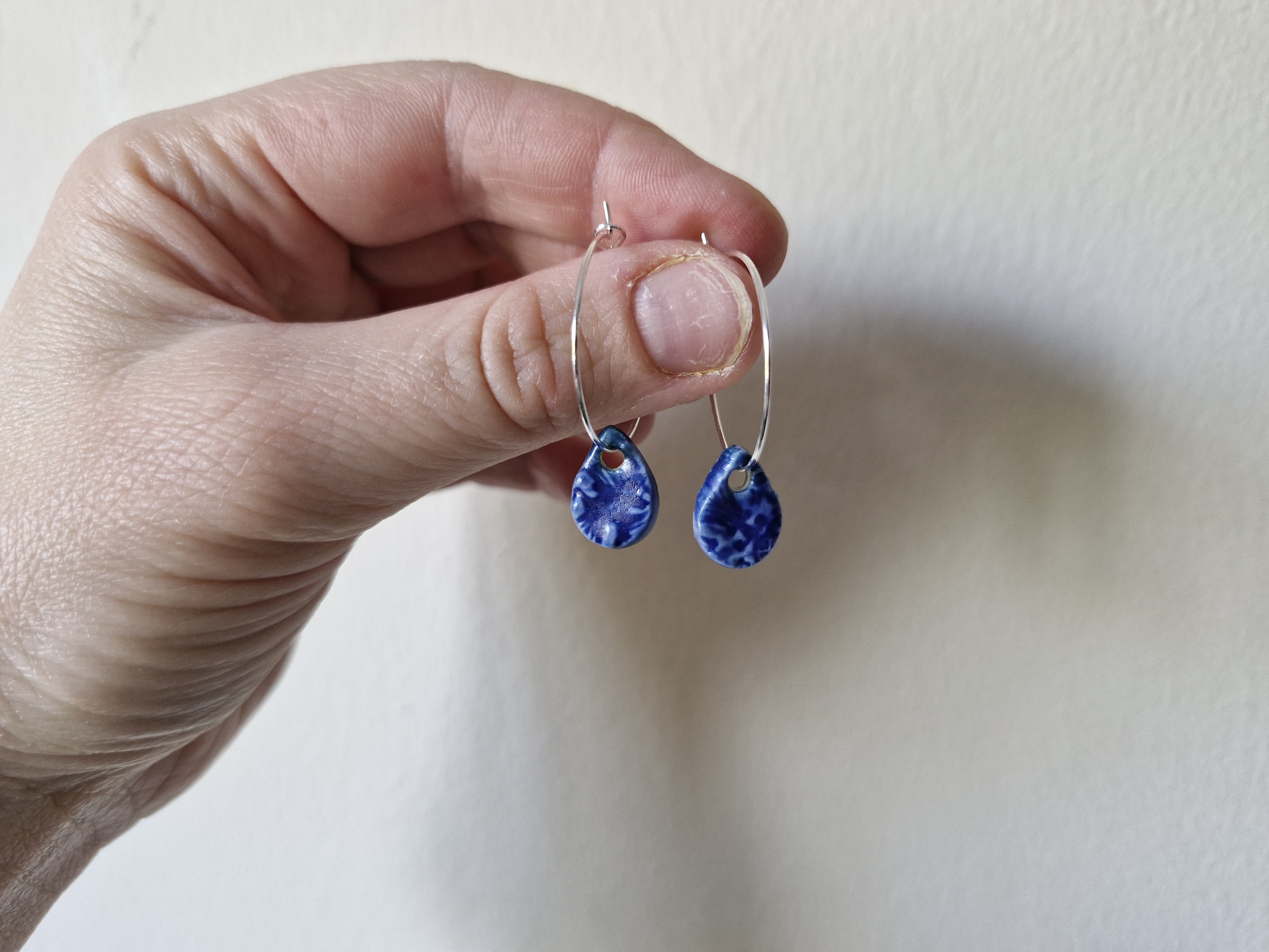 Porcelain Textured Blue Tear Drop Hoop Earrings