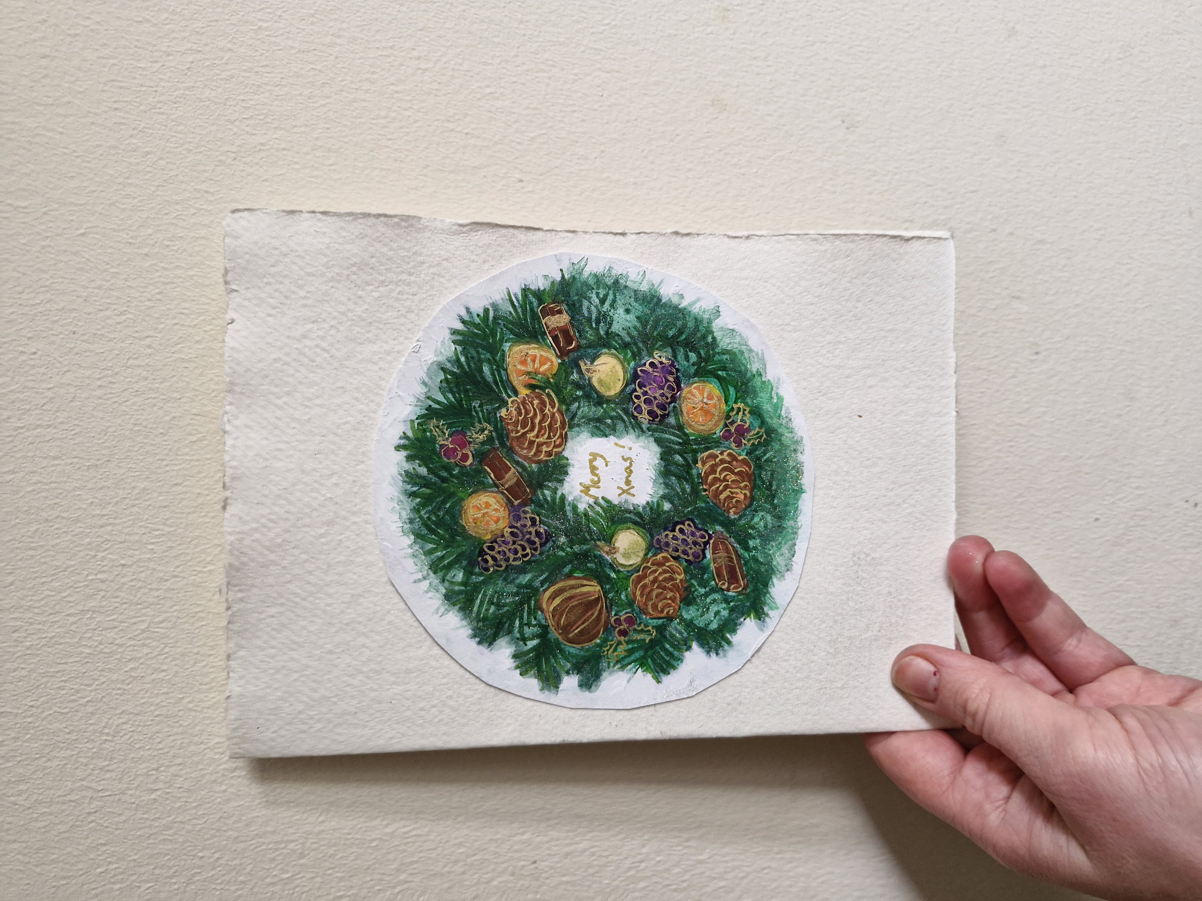 Hand Painted Christmas Wreath Card A5