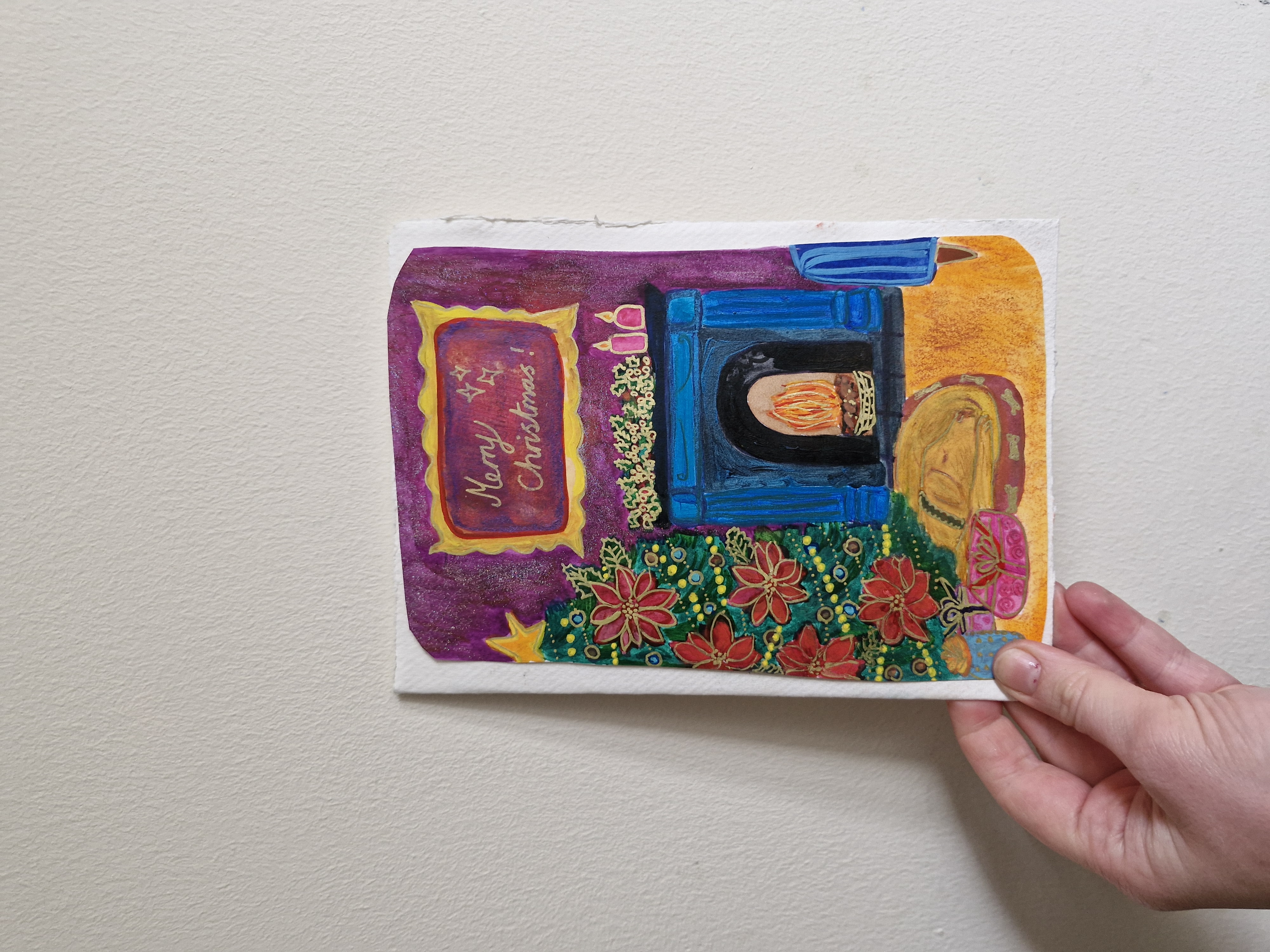 Handpainted Cosy Fireplace Christmas Card A5