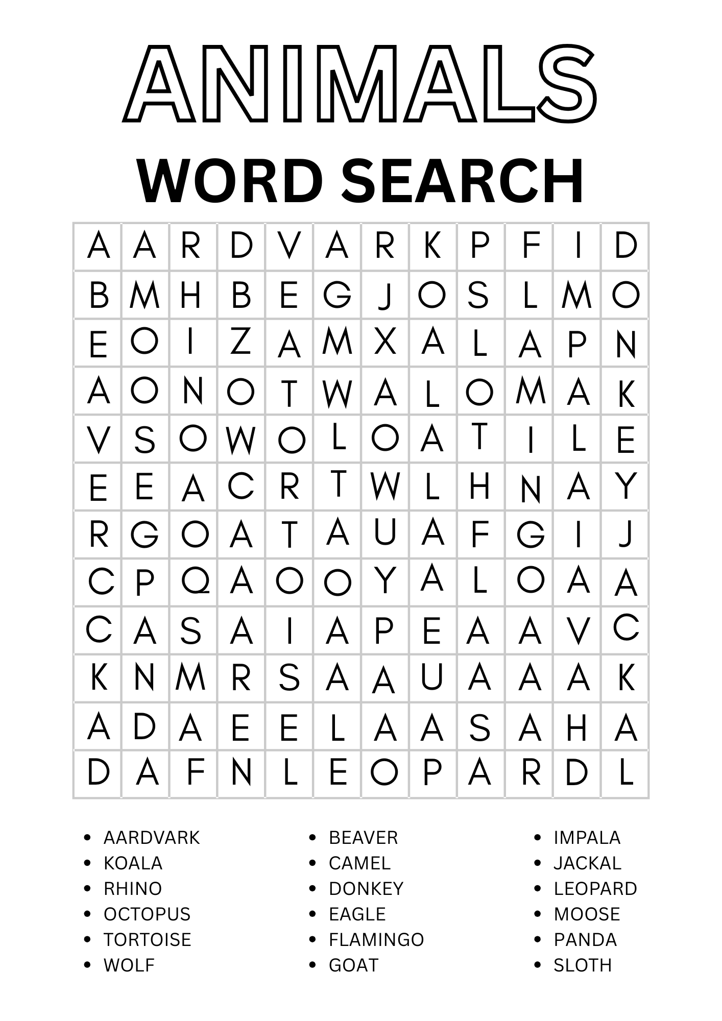 Animal Word Search Pages