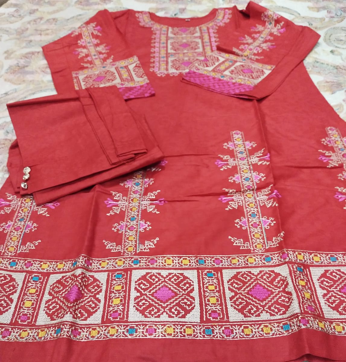Red Embroidered 2-Piece Suit – Medium Size (Stitched)