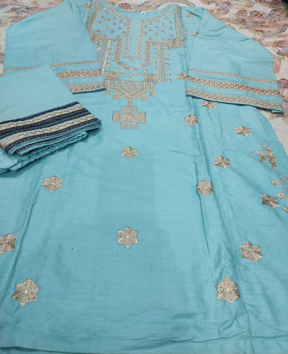 Sky Blue Tila Embroidered 2-Piece Suit – Size Small