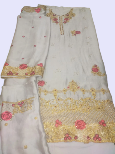White Russian Silk Embroidered Suit – Unstitched