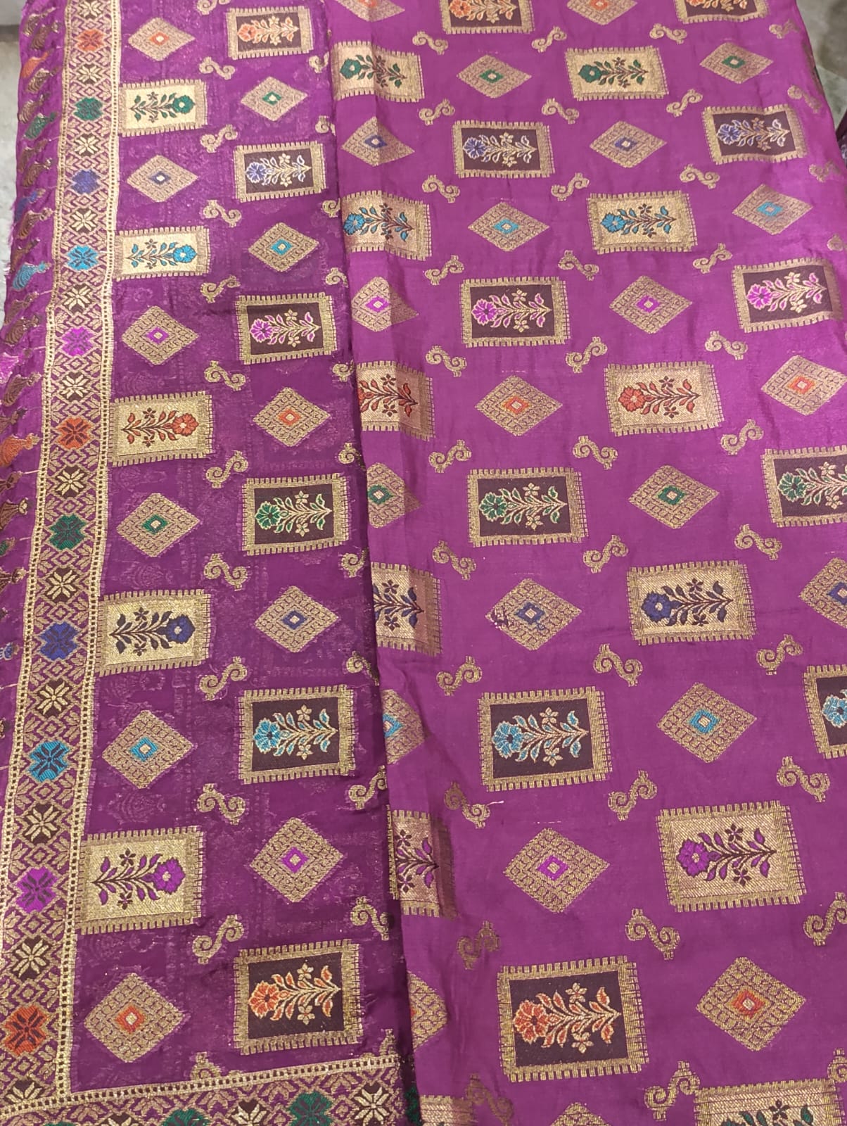 Banarasi Shirt & Dupatta Set – Purple with Multi-Color Embroidered Motifs