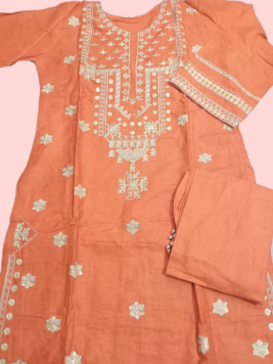 Peach Tila Embroidered 2-Piece Suit – Size Small (Stitched)