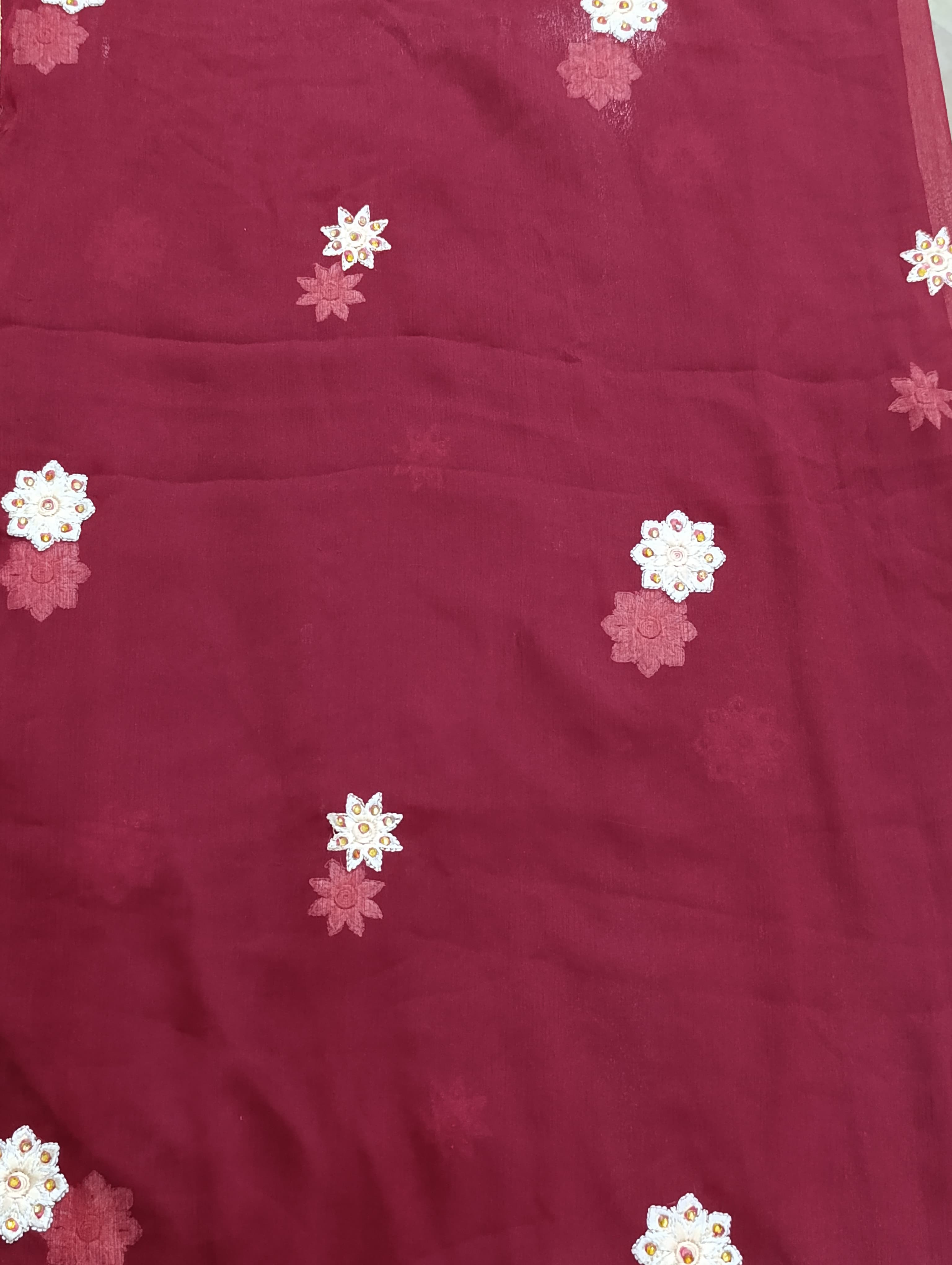 Embroidered Chiffon Dupatta – Maroon with Floral Accents