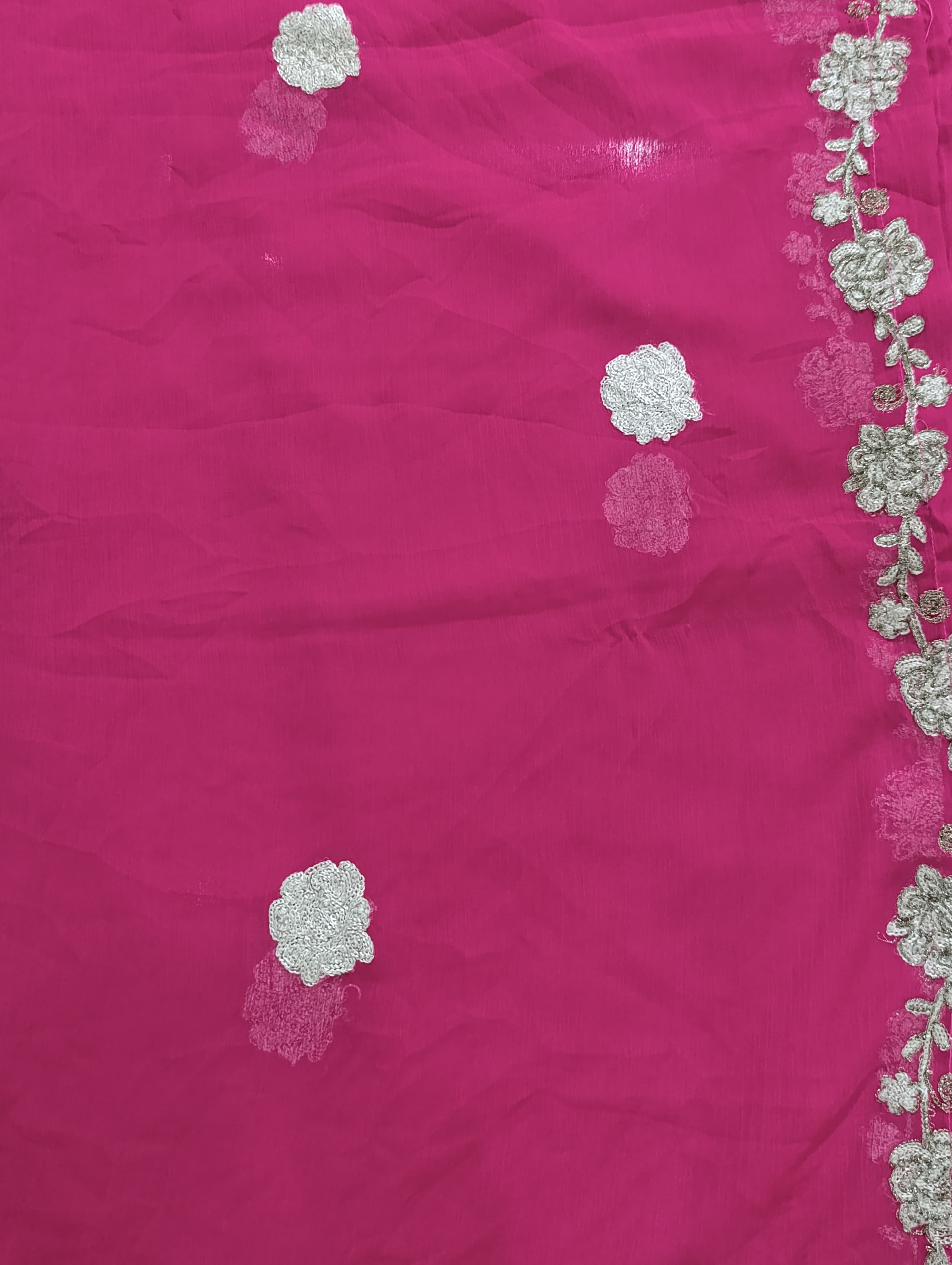 Embroidered Chiffon Dupatta – Hot Pink with Silver Floral Border