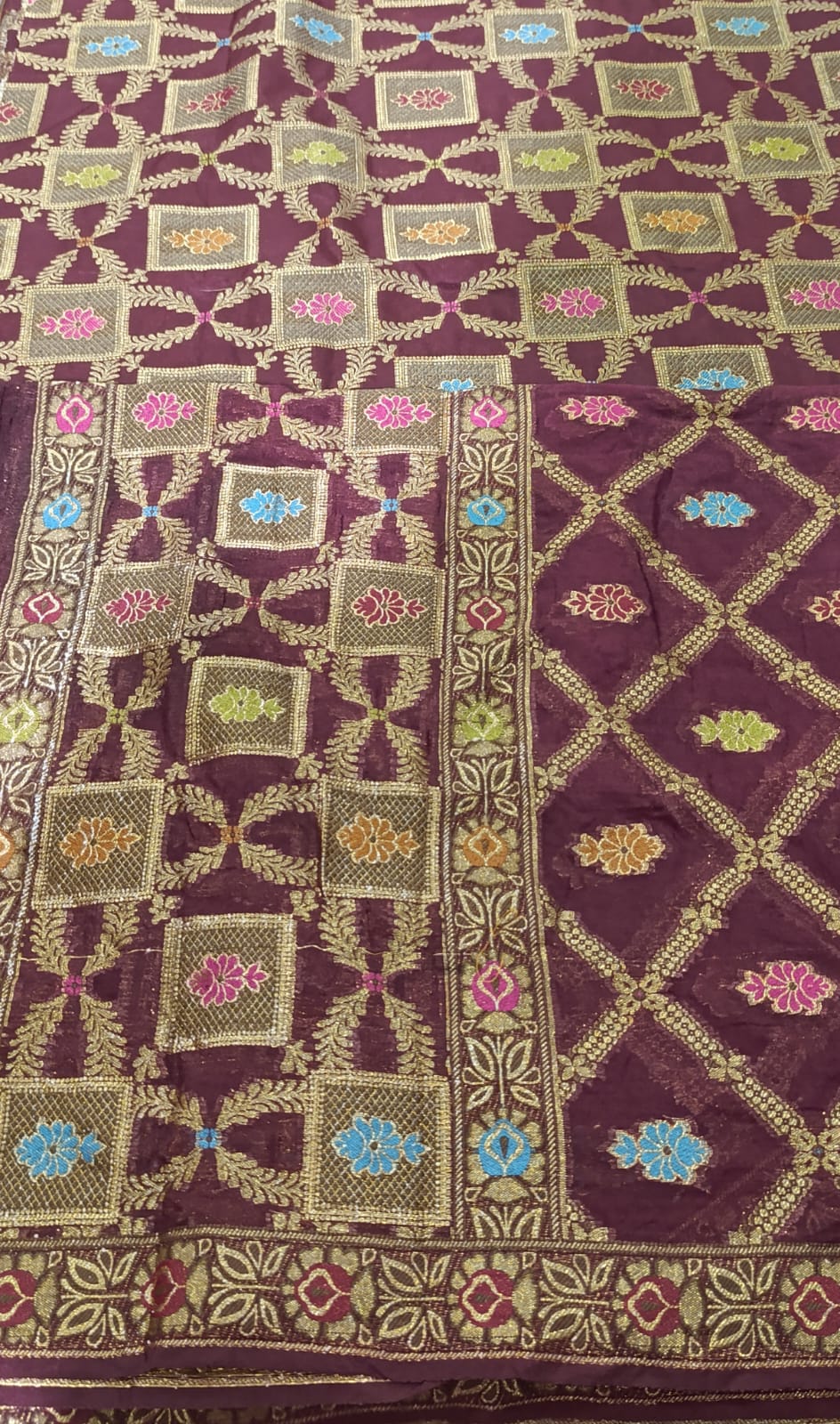 Banarasi Shirt & Dupatta Set – Maroon with Multi-Color Floral Embroidery