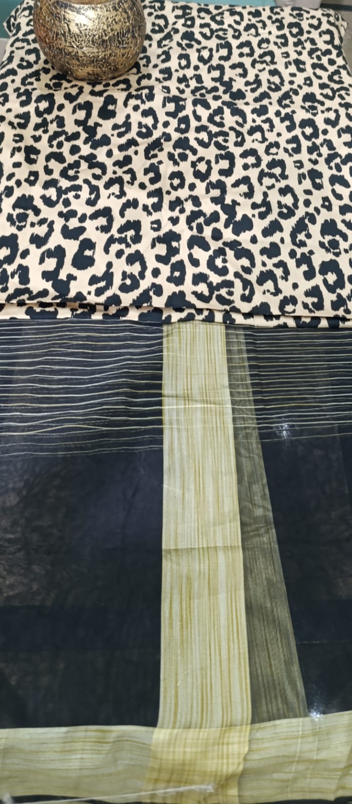 Mat Silk 3-Piece Set – Beige Tiger Print with Black & Gold Dupatta