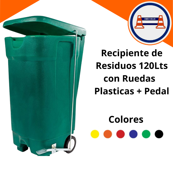 Recipiente de Residuos 120Lts con Ruedas Plasticas + Pedal Colores Varios