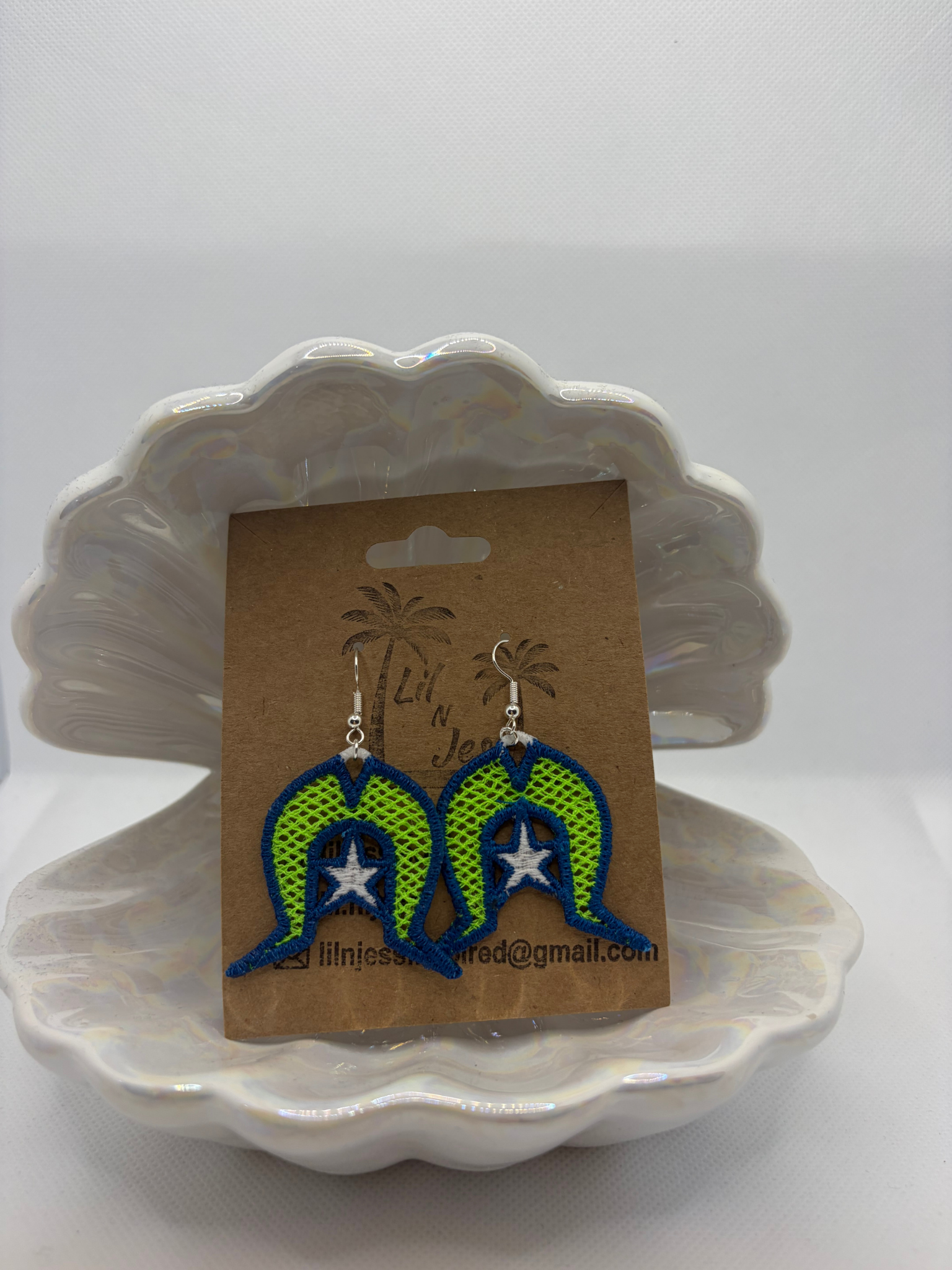 Torres Strait Island Dhoeri Earring - neon green headdress, white star and dark blue outline