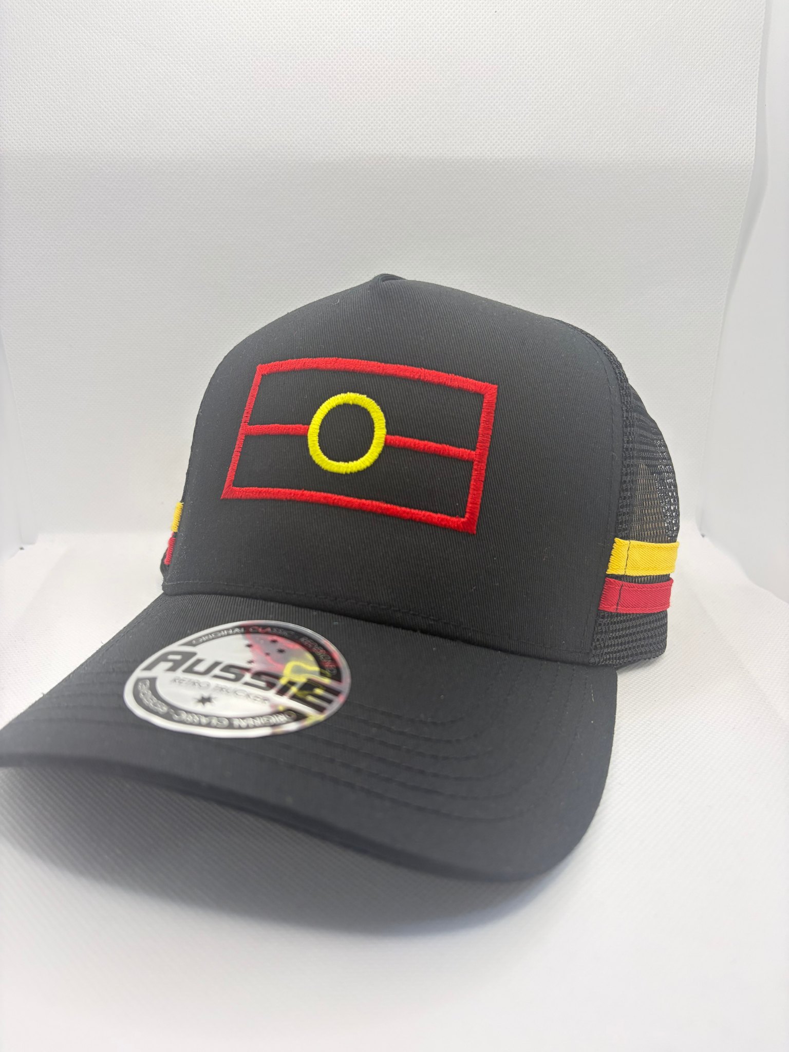 Aboriginal Flag Embroidered on Black Trucker Cap with Yellow/Red Side Stripes