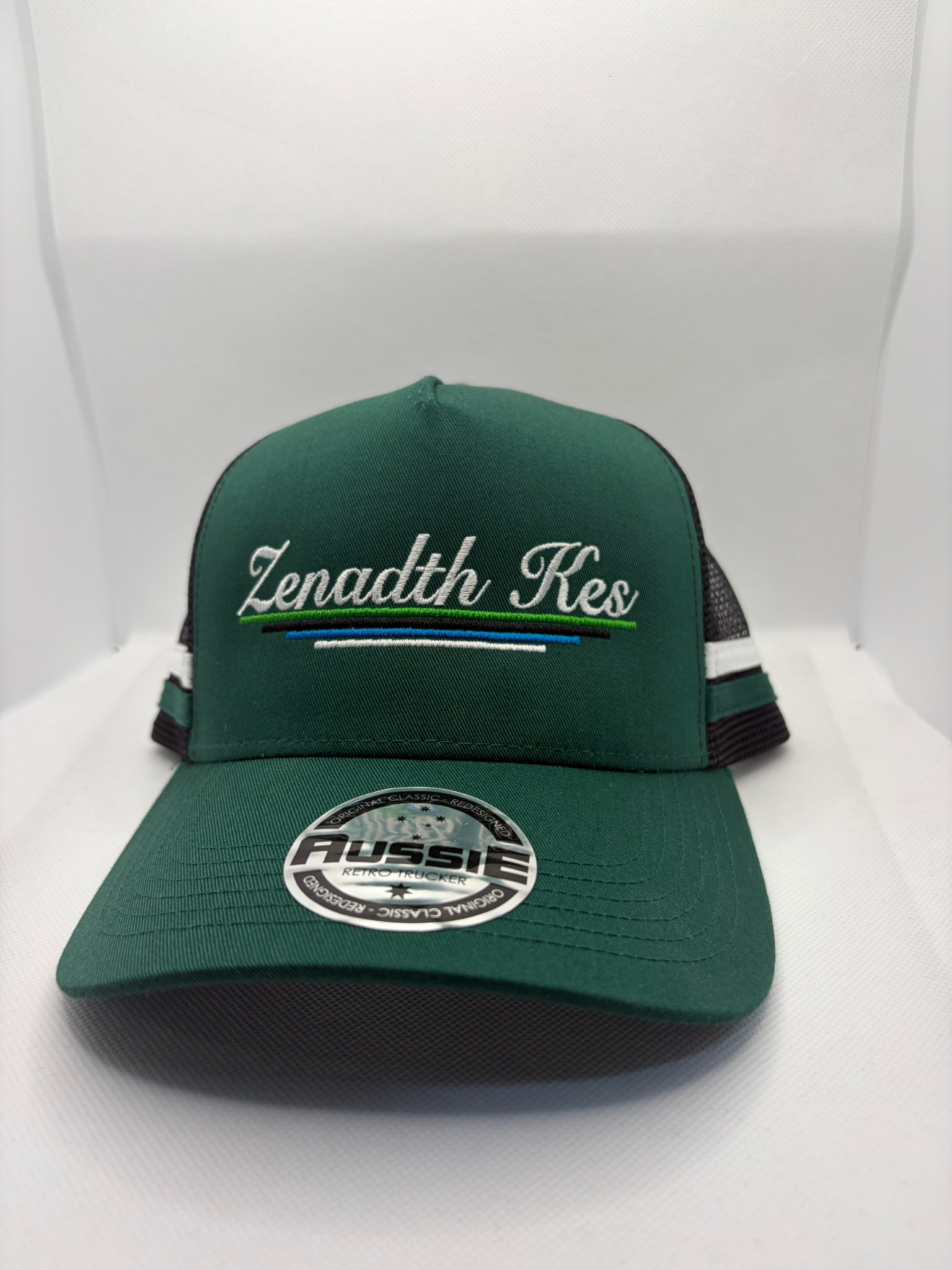  Zenadth Kes and Kukuwam Embroidered on Green/Black Trucker Cap with White/Green Side Stripes