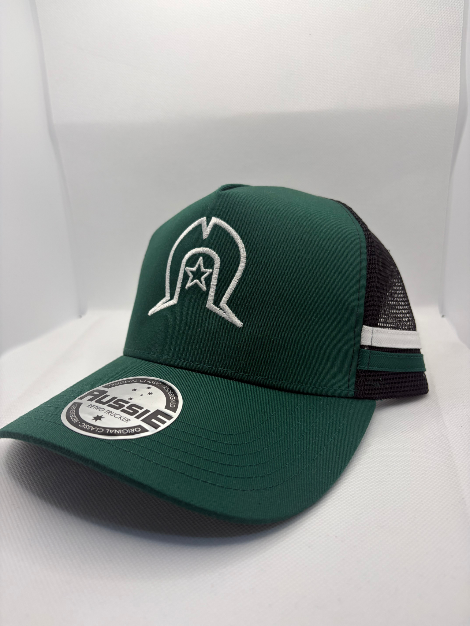 Torres Strait Island Dhoeri with Star Embroidered on Green/Black Trucker Cap with White/Green Side Stripes