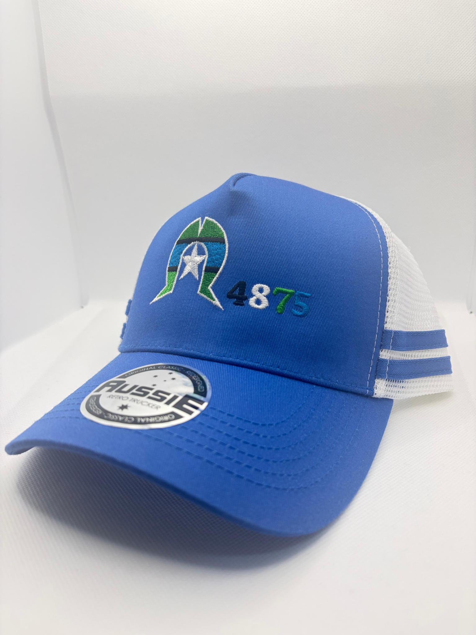 Torres Strait Island Dhoeri, Star and 4875 Embroidered on Blue/White Trucker Cap with Blue Side Stripes