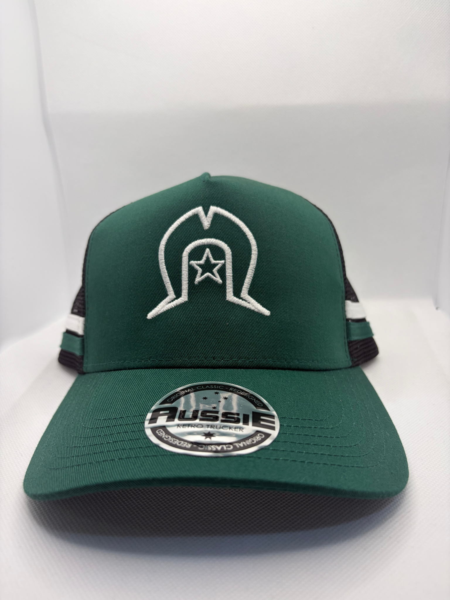 Torres Strait Island Dhoeri with Star Embroidered on Green/Black Trucker Cap with White/Green Side Stripes