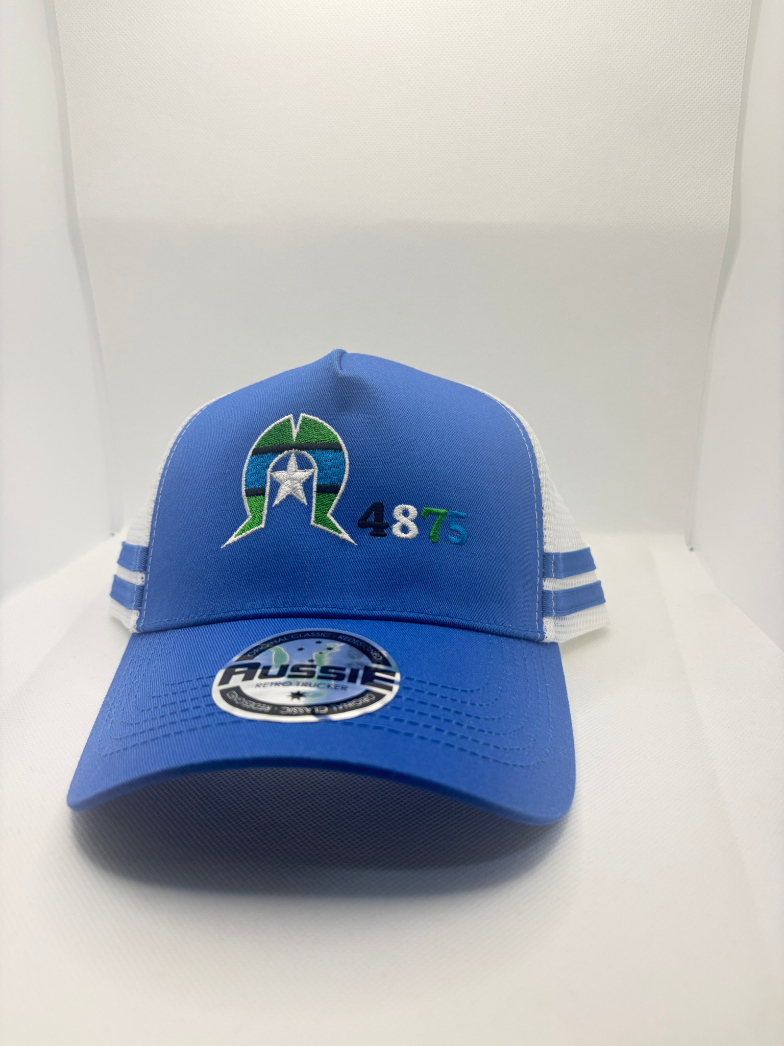 Torres Strait Island Dhoeri, Star and 4875 Embroidered on Blue/White Trucker Cap with Blue Side Stripes