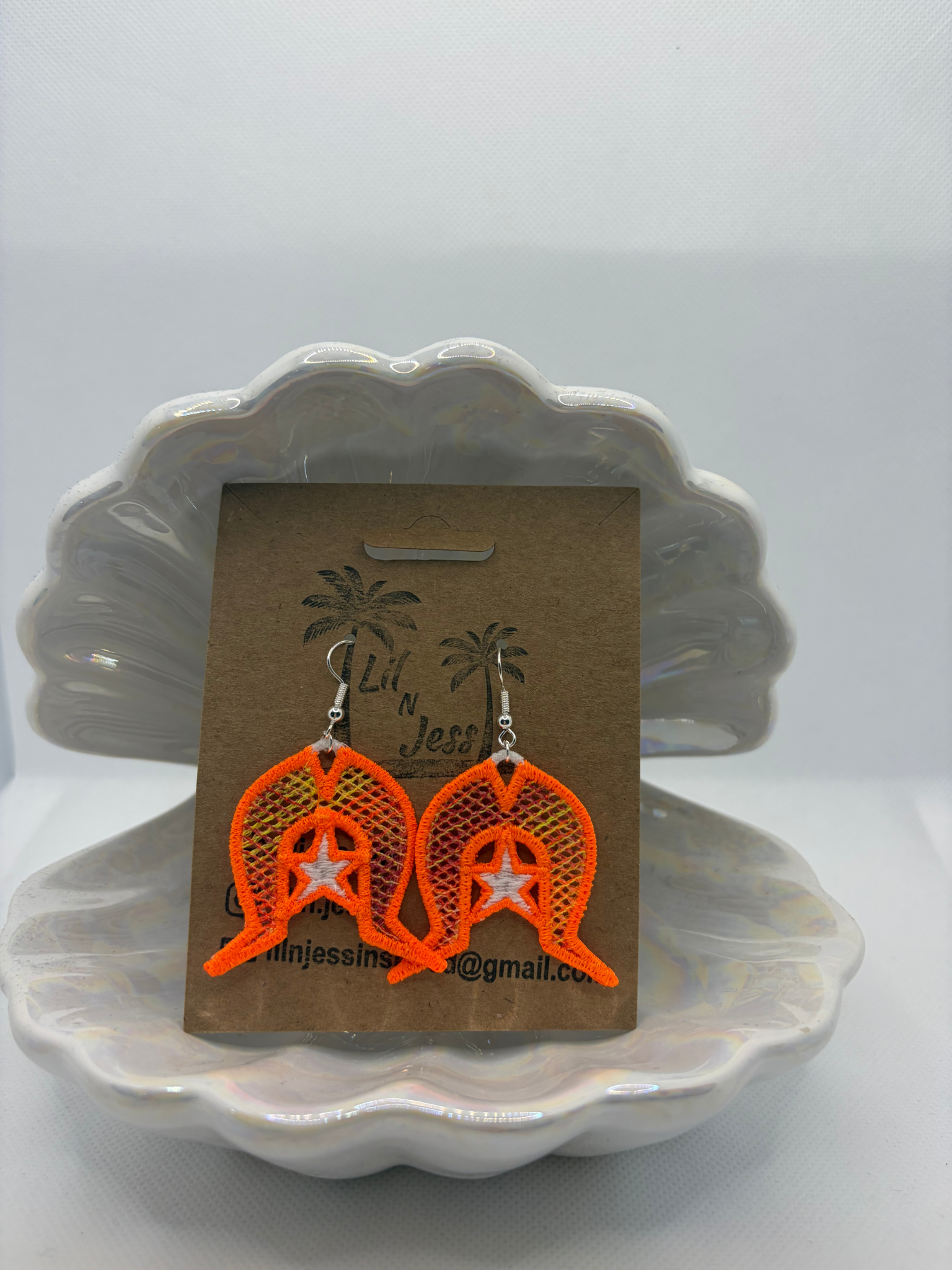 Torres Strait Island Dhoeri Earring -colourful headdress, white star with neon orange outline
