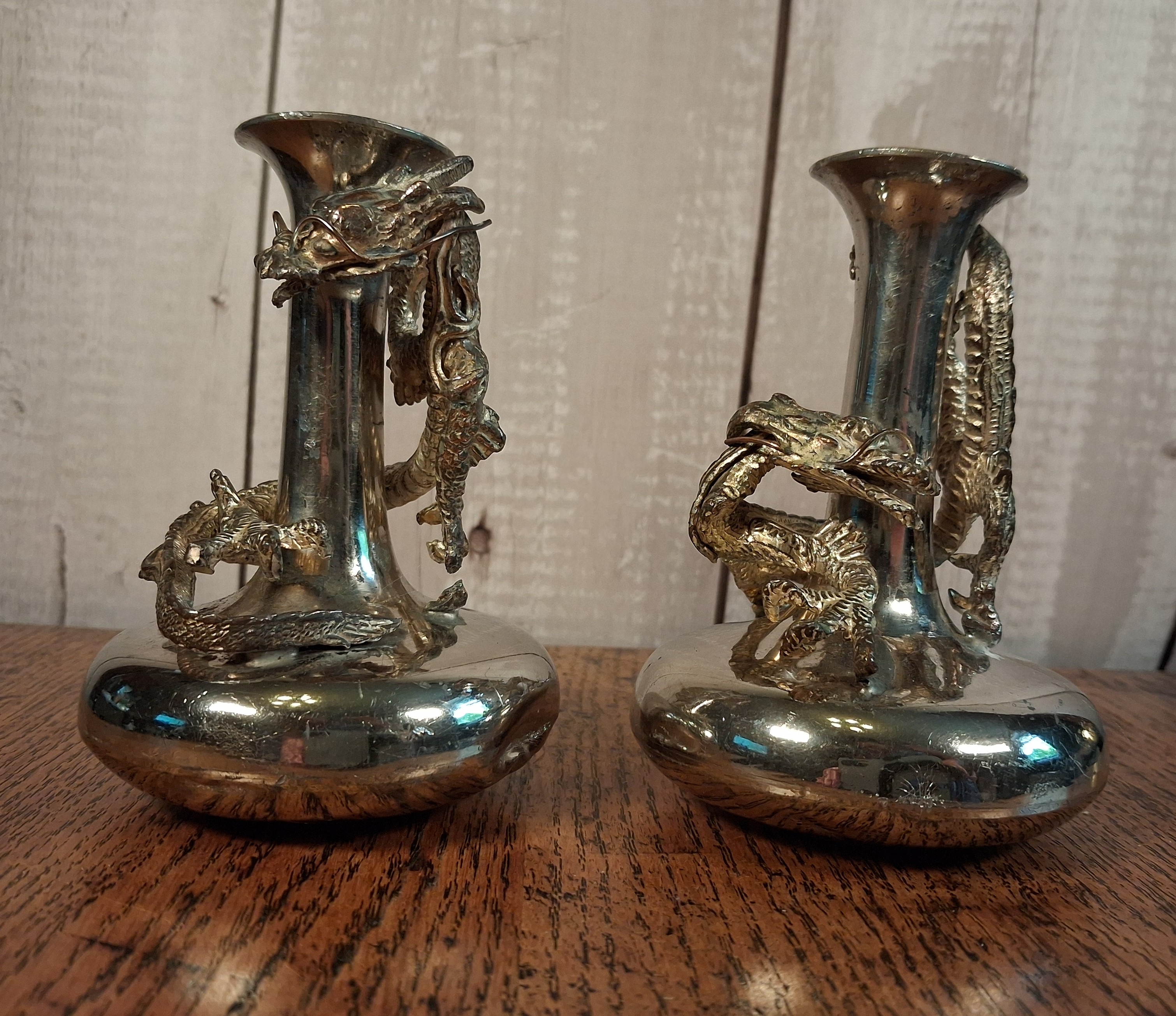 Vintage Silver Plated Dragon Bud Vases, Pair