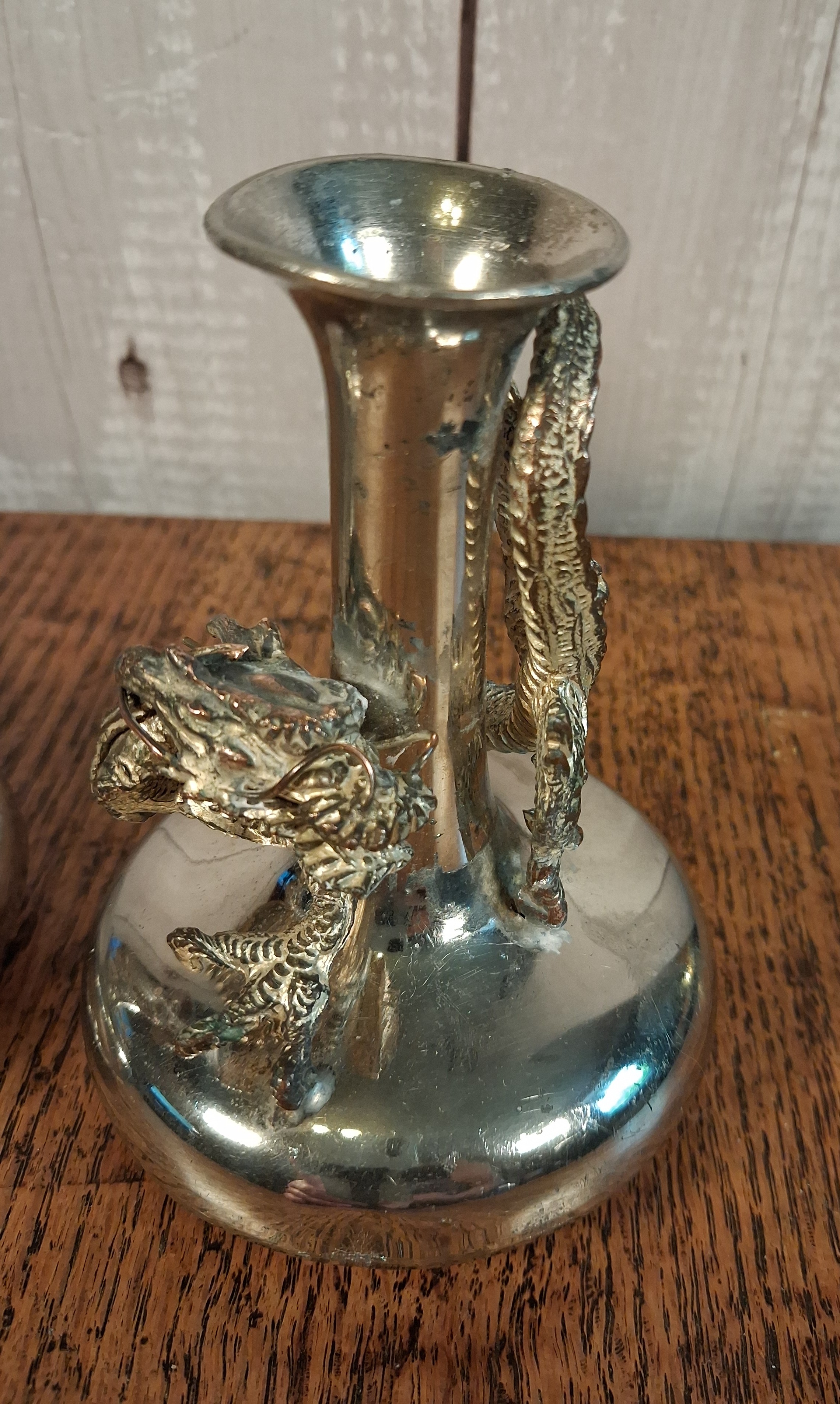 Vintage Silver Plated Dragon Bud Vases, Pair
