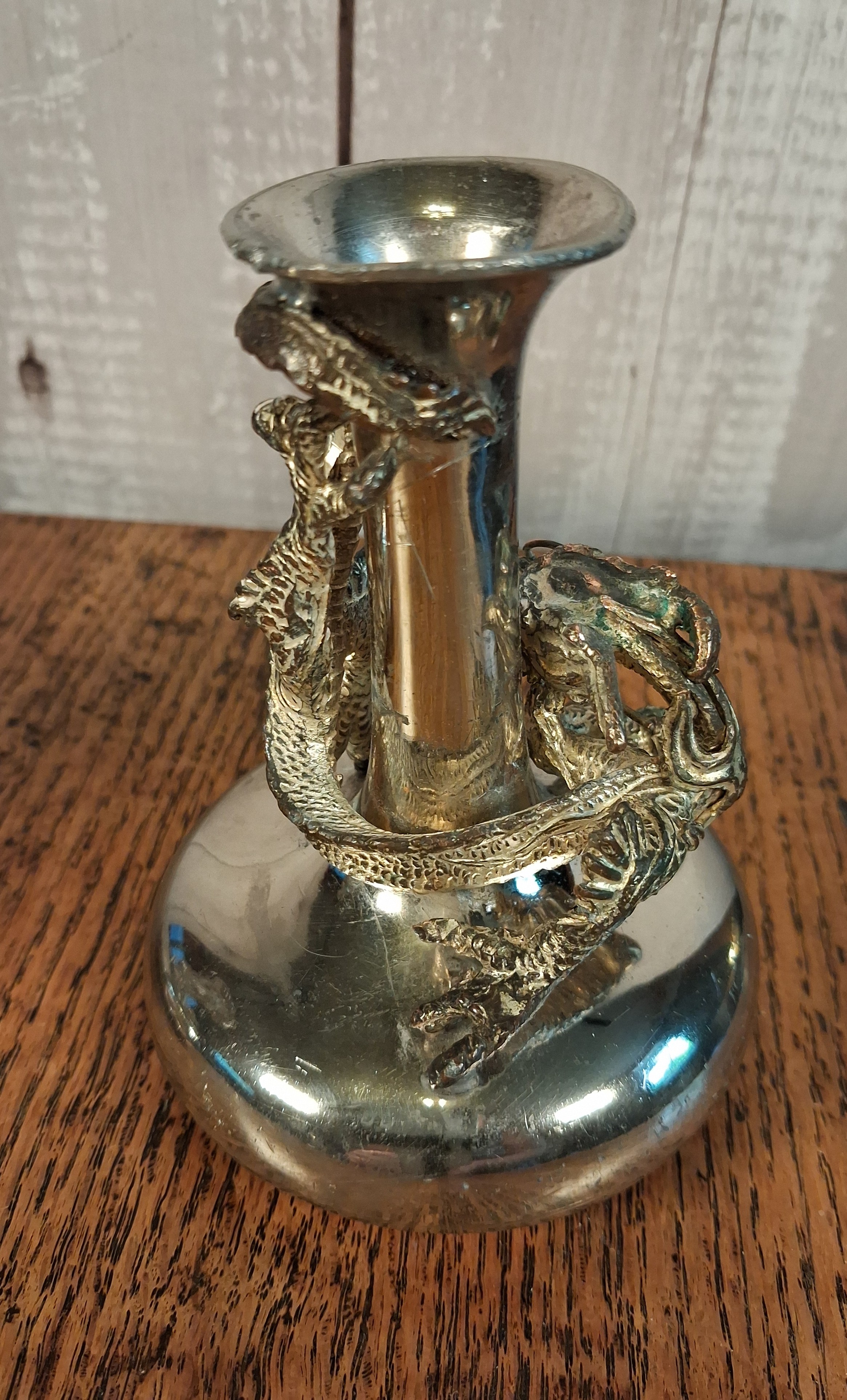 Vintage Silver Plated Dragon Bud Vases, Pair