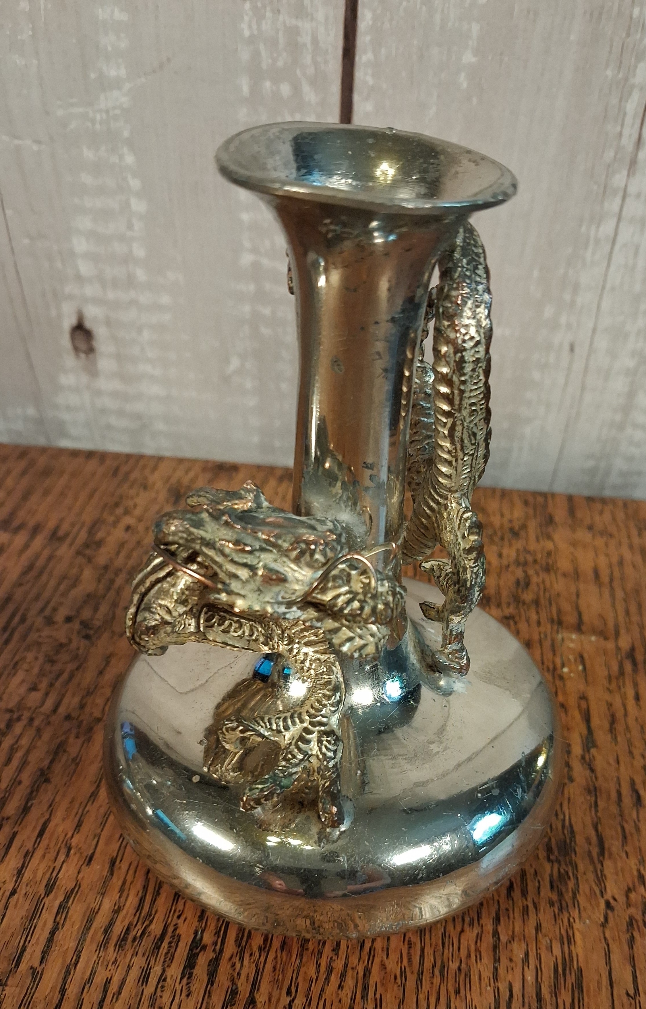 Vintage Silver Plated Dragon Bud Vases, Pair