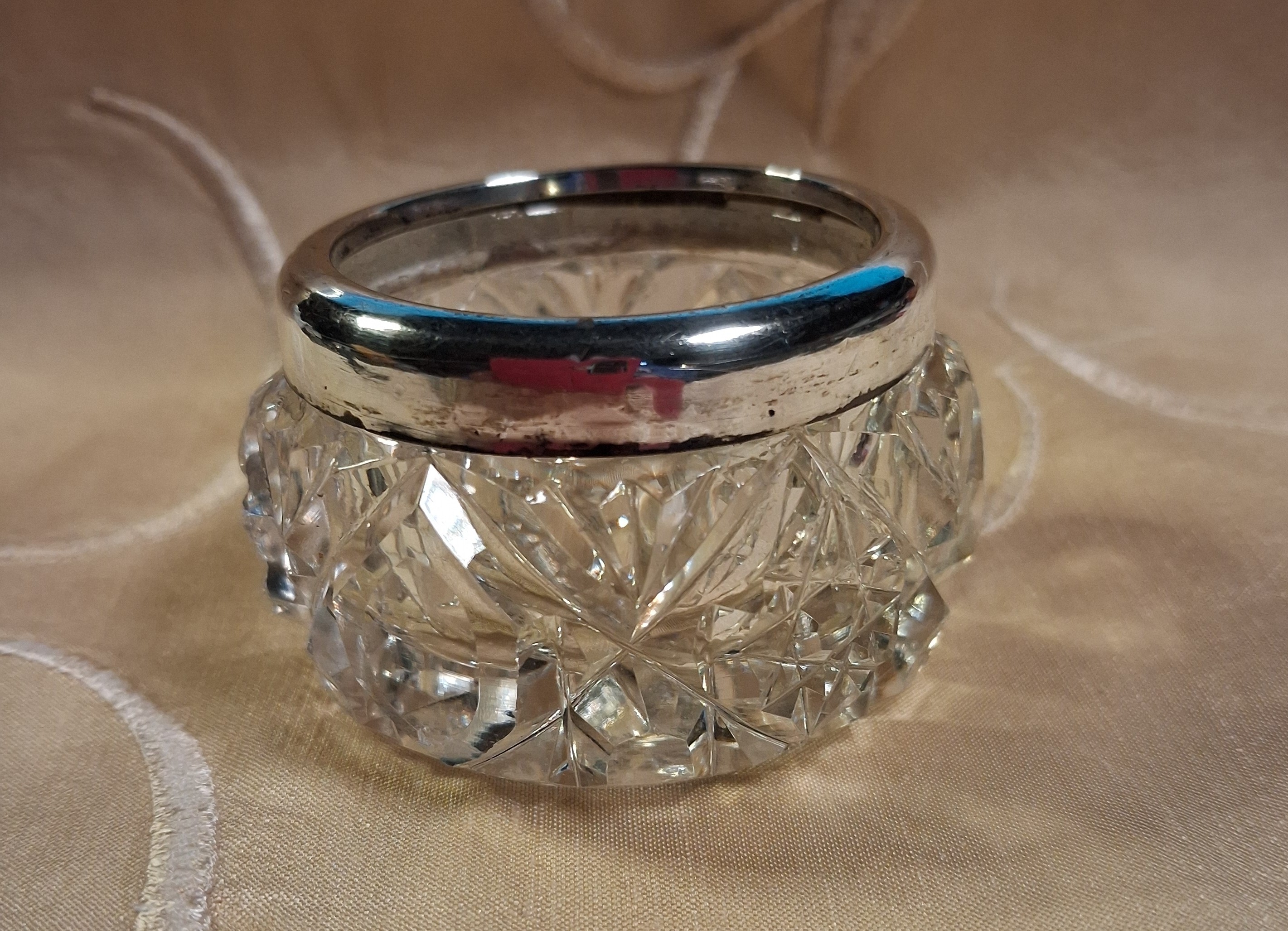 Antique Silver Rimmed Cut Crystal Pot date mark 1910