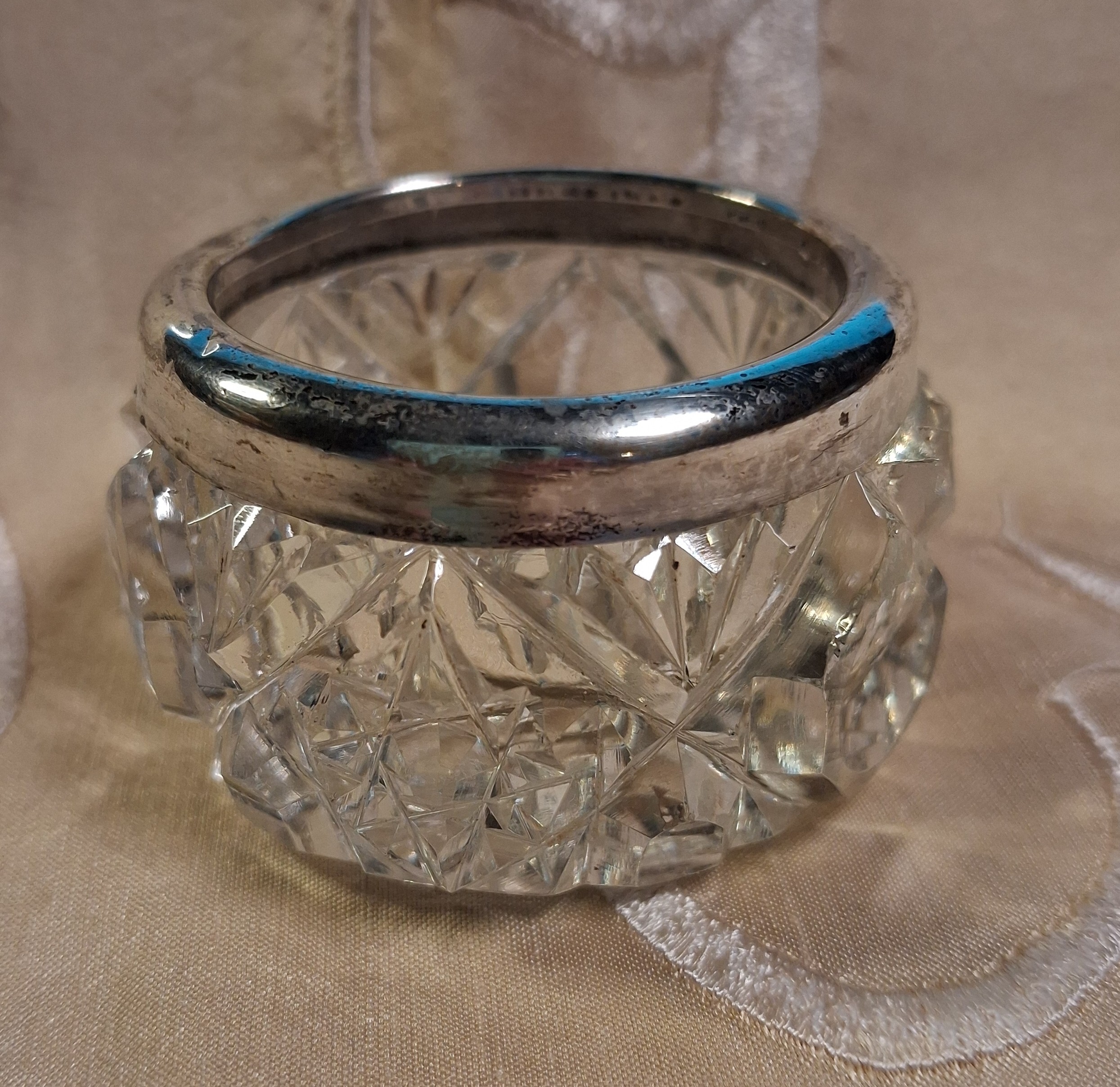 Antique Silver Rimmed Cut Crystal Pot date mark 1911