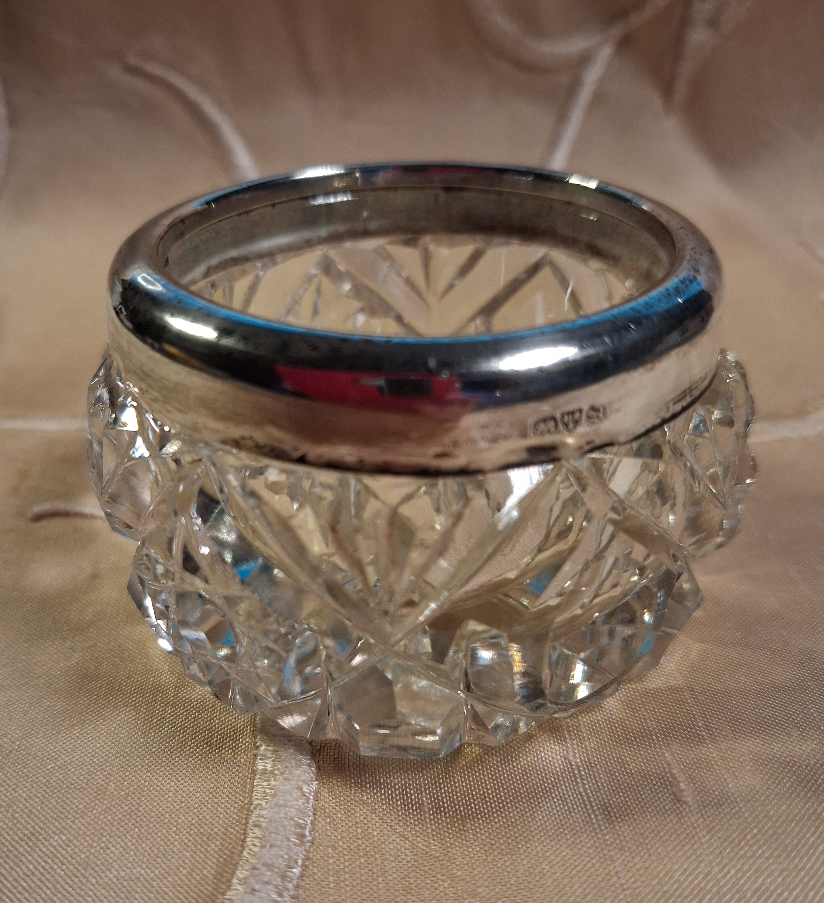 Antique Silver Rimmed Cut Crystal Pot date mark 1910