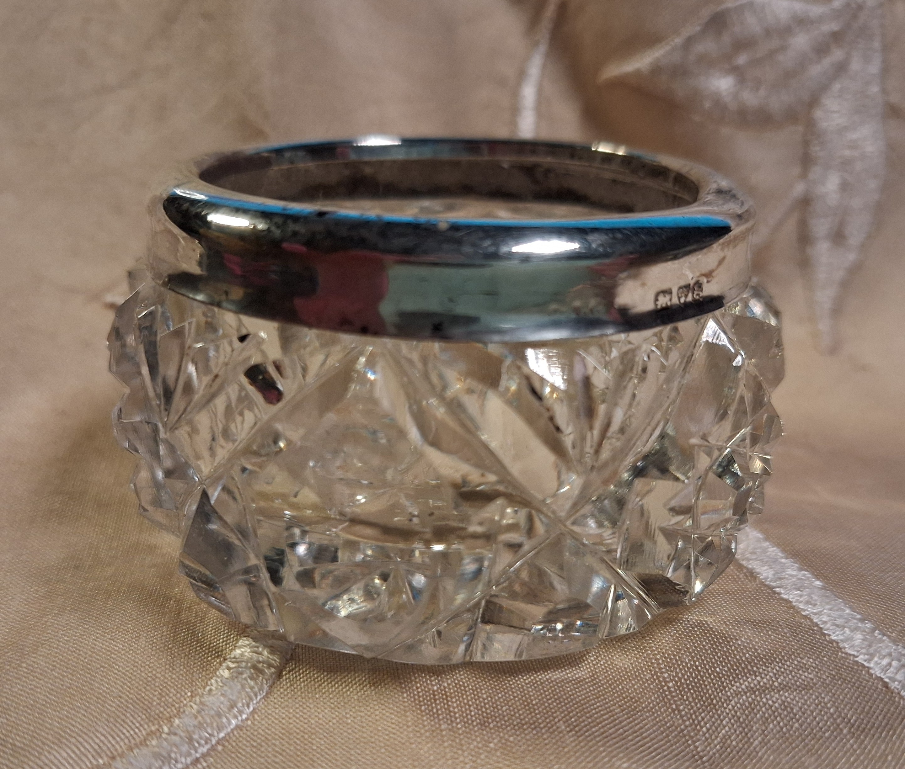 Antique Silver Rimmed Cut Crystal Pot date mark 1911
