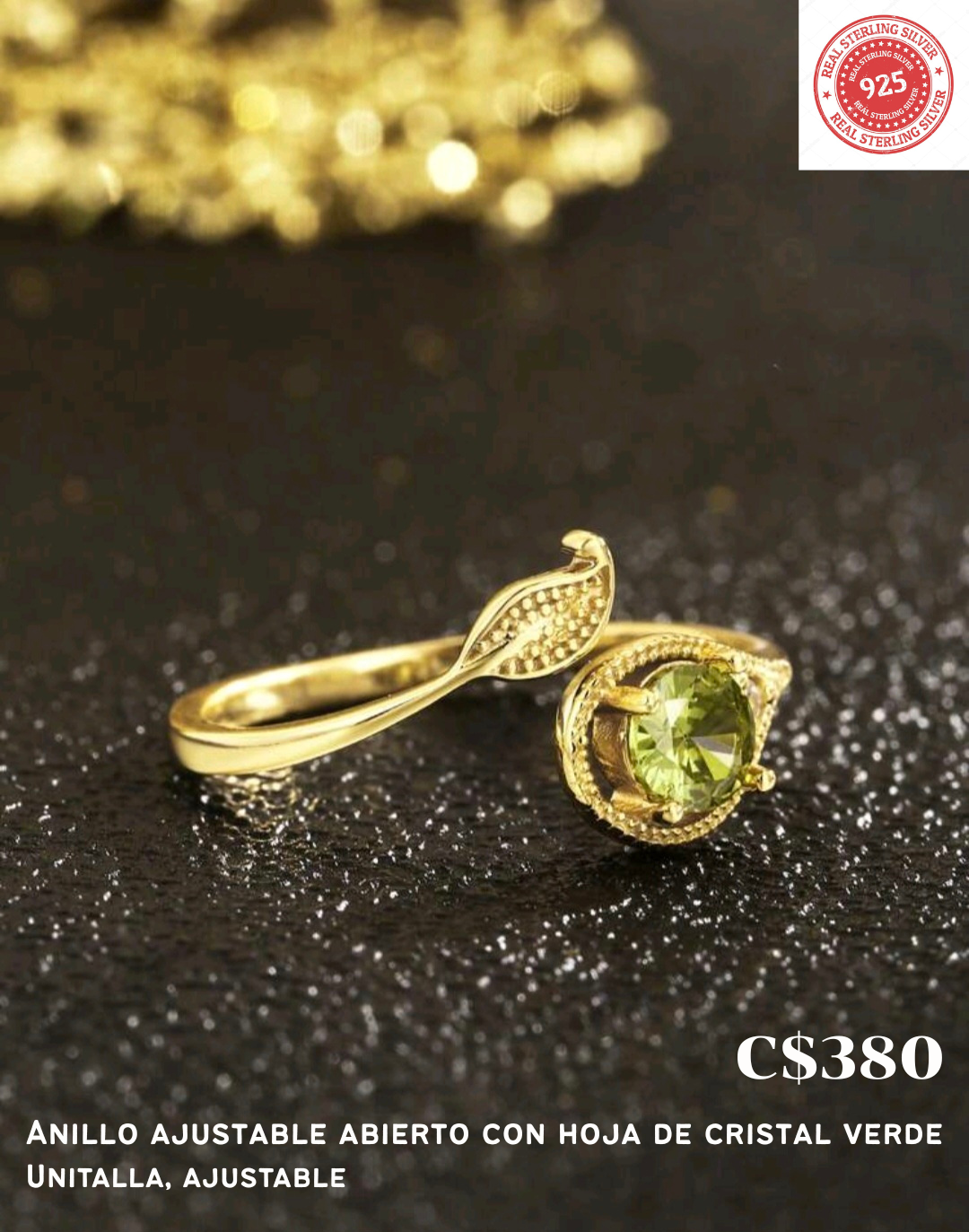 Anillo abierto con hoja de cristal verde