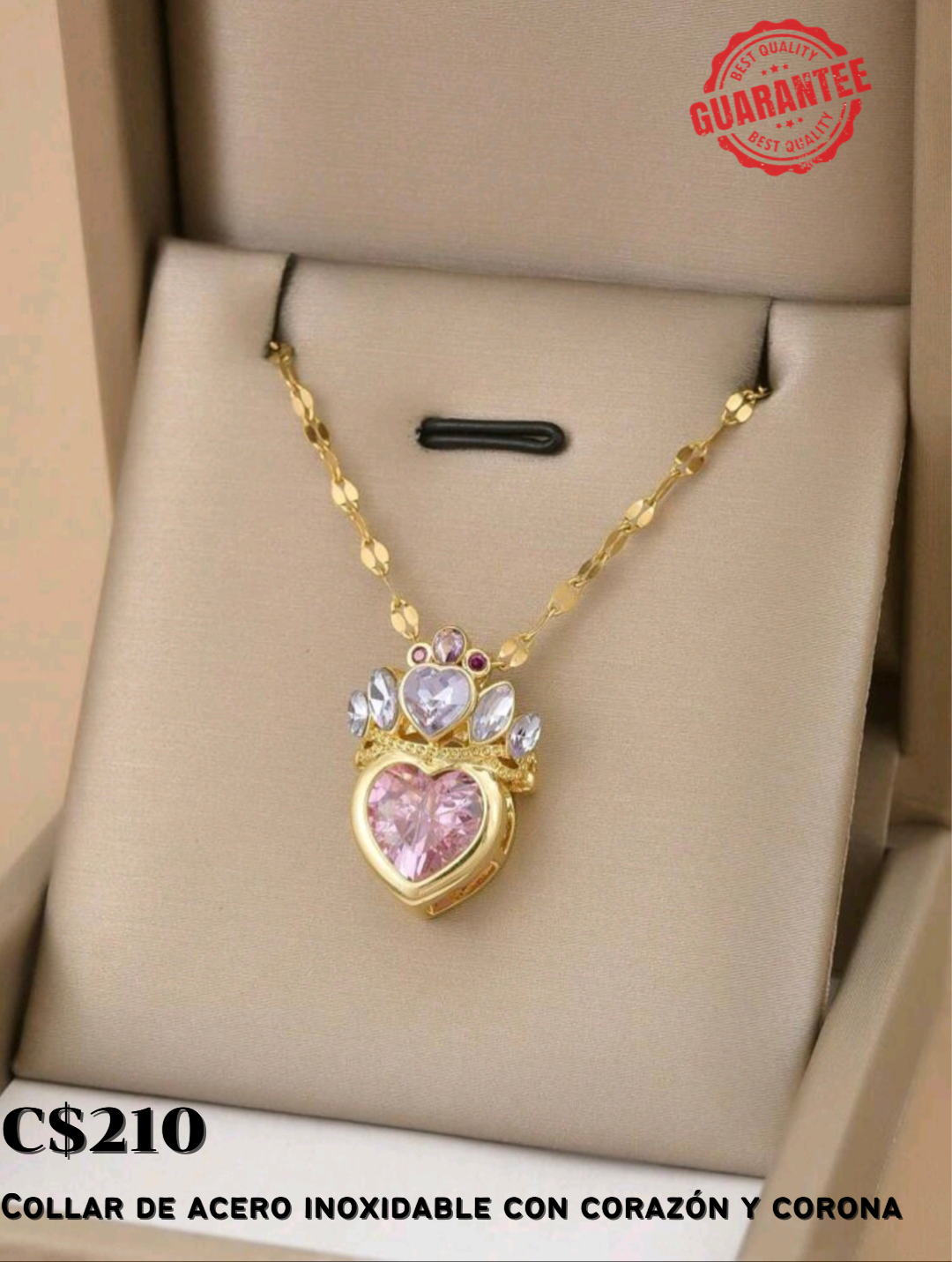 Collar de acero inoxidable con corazón y corona