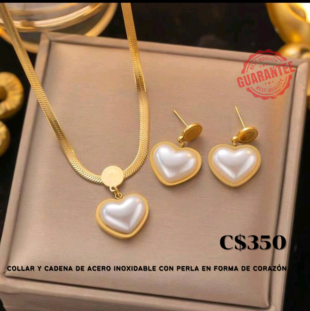 Collar y aretes con perla en forma de corazón