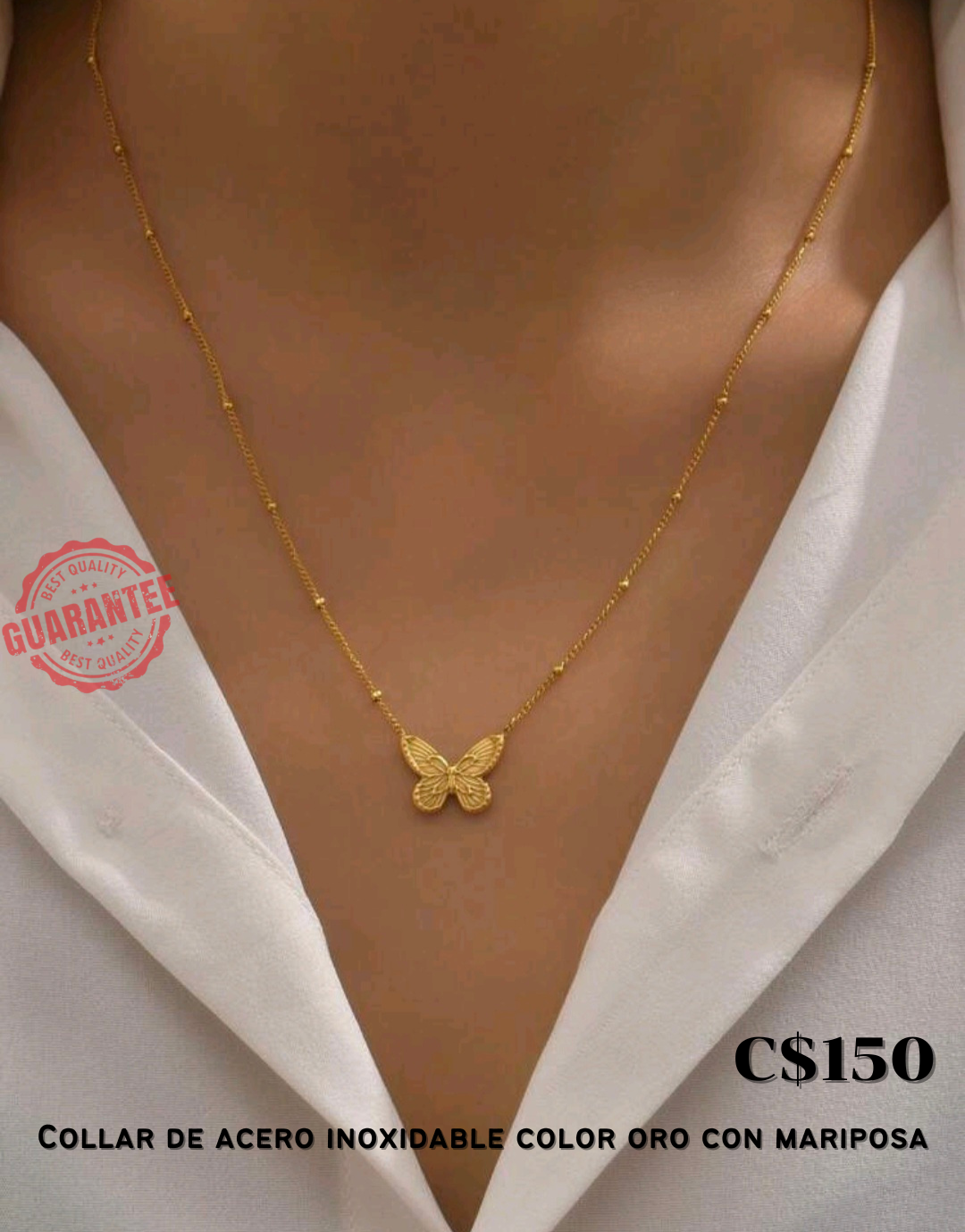 Collar de acero inoxidable color oro con mariposa