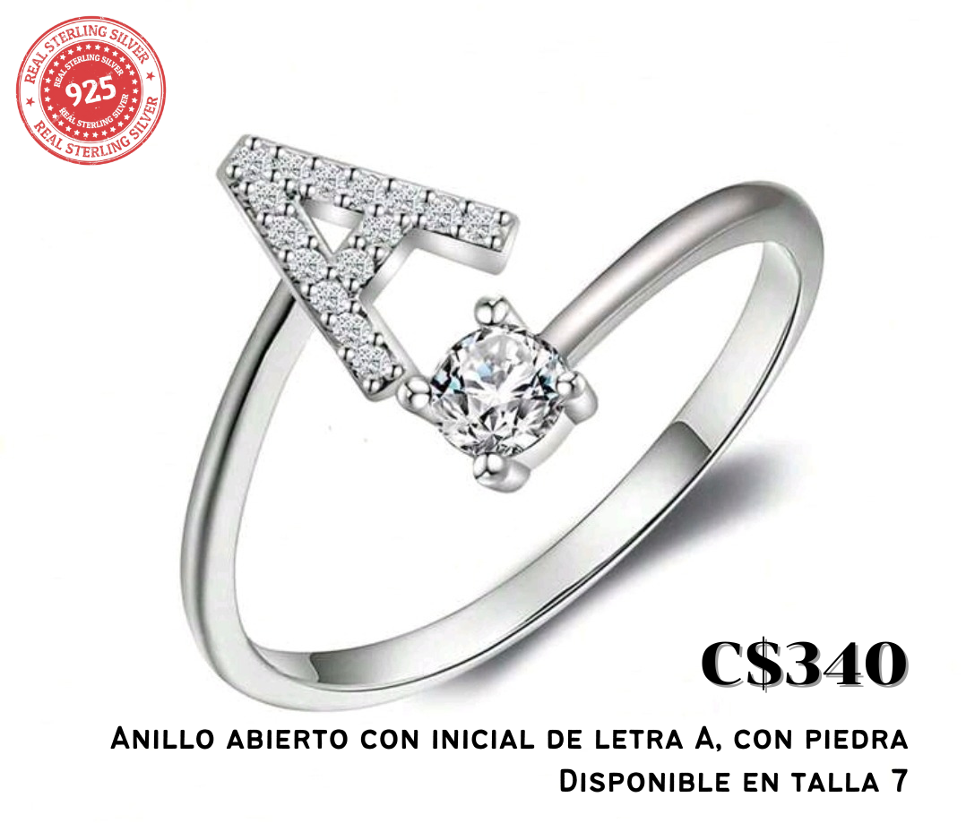Anillo abierto con inicial de letra A