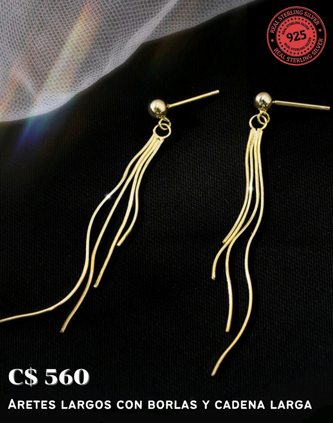 Aretes largos con borlas y cadena larga