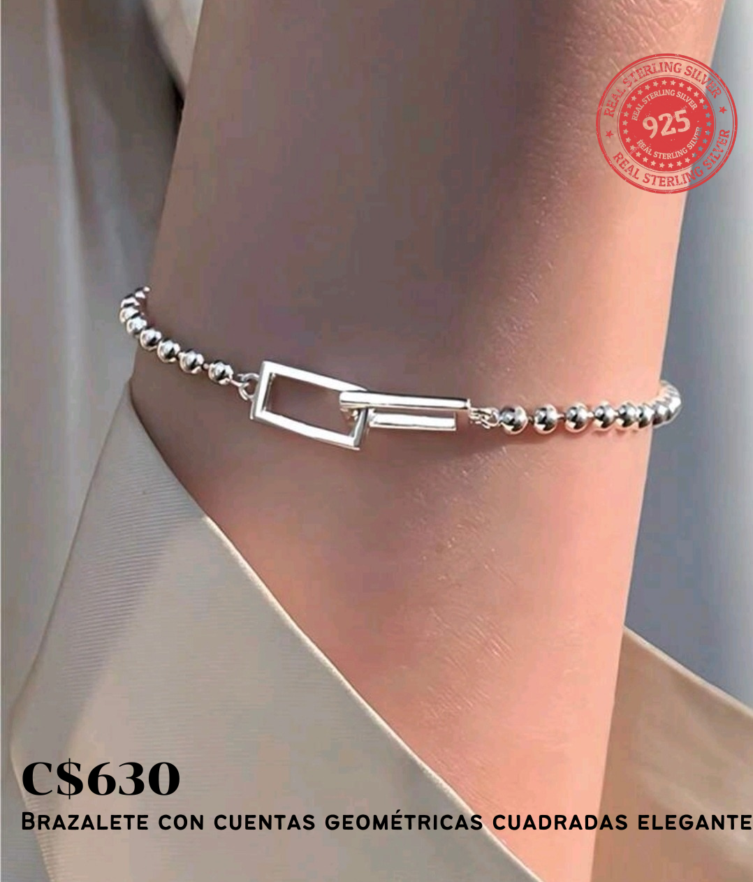 Brazalete de plata con cuentas geométricas