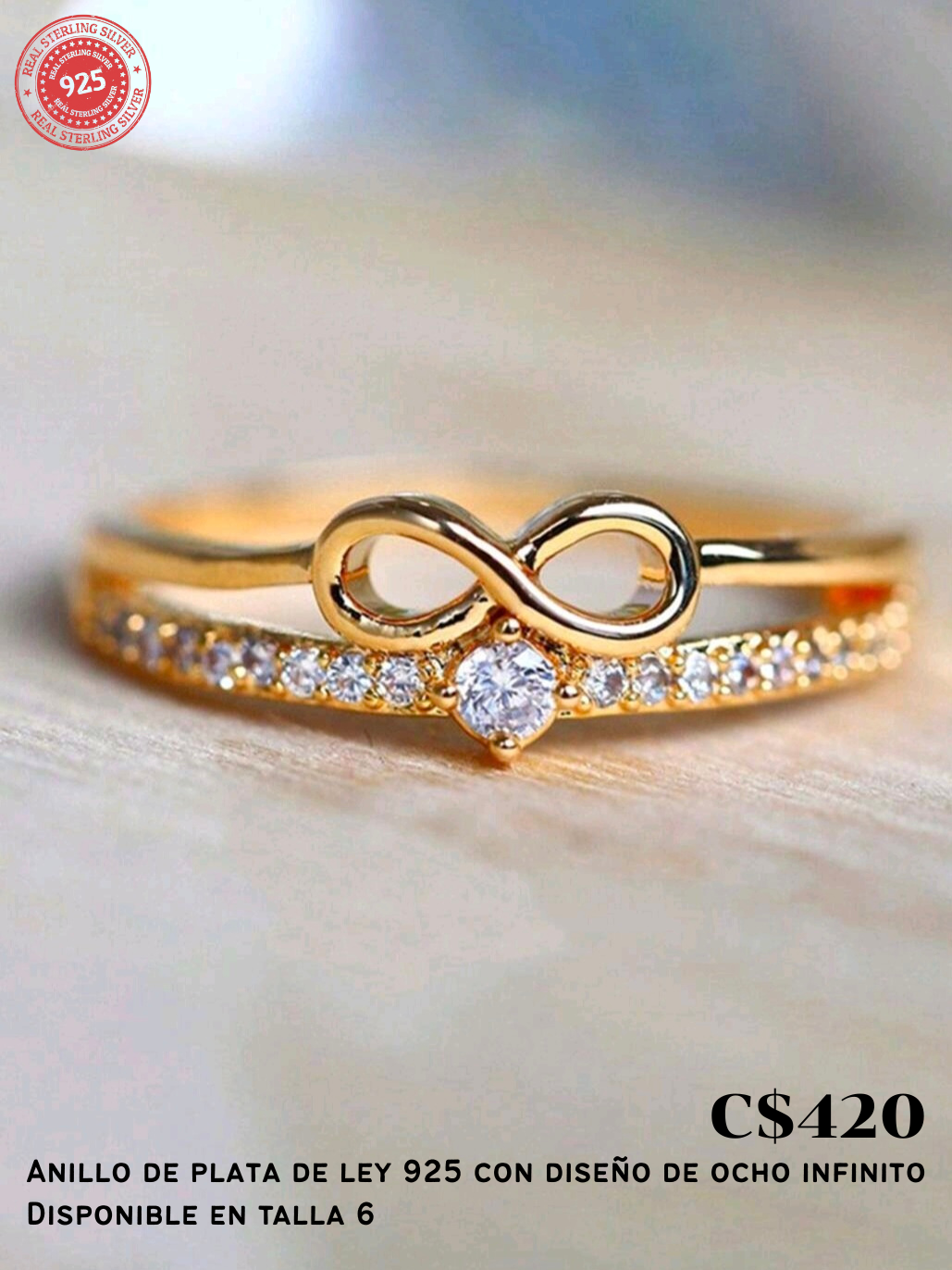 Anillo de plata de ley 925 con diseño de infinito