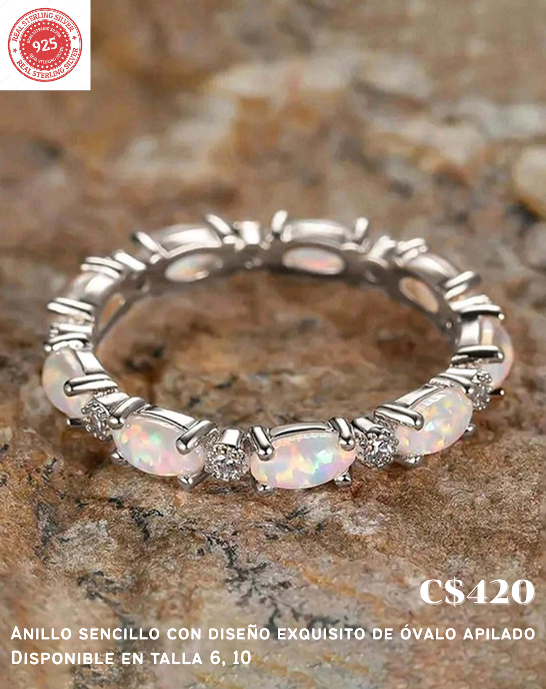 Anillo de ópalo blanco y plata