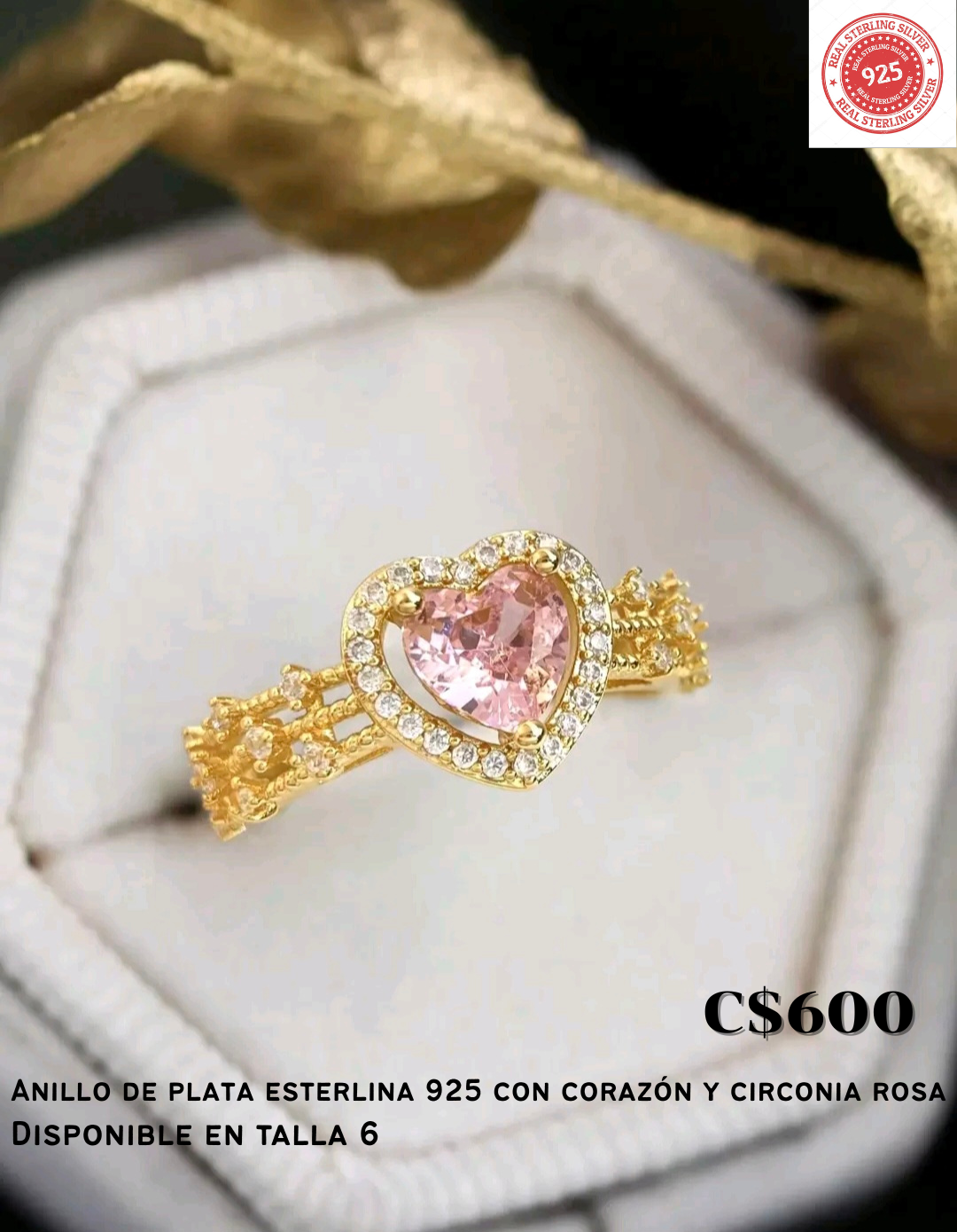 Anillo de plata esterlina 925 con corazón y circonia rosa