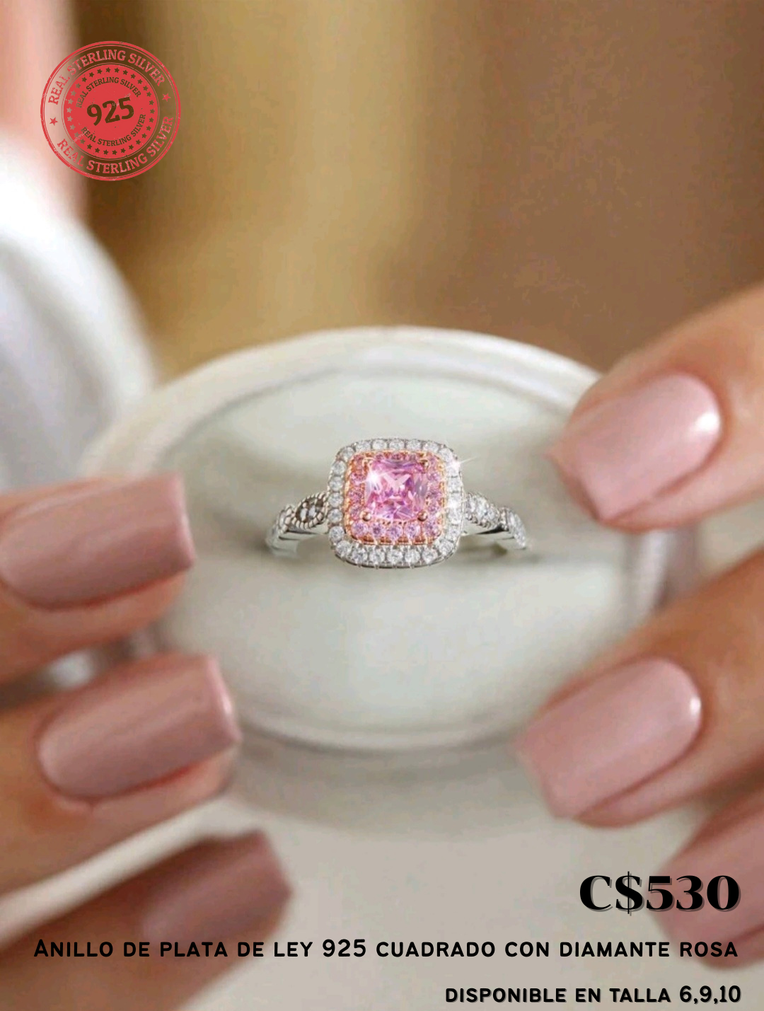 Anillo cuadrado de plata 925 con diamante rosa
