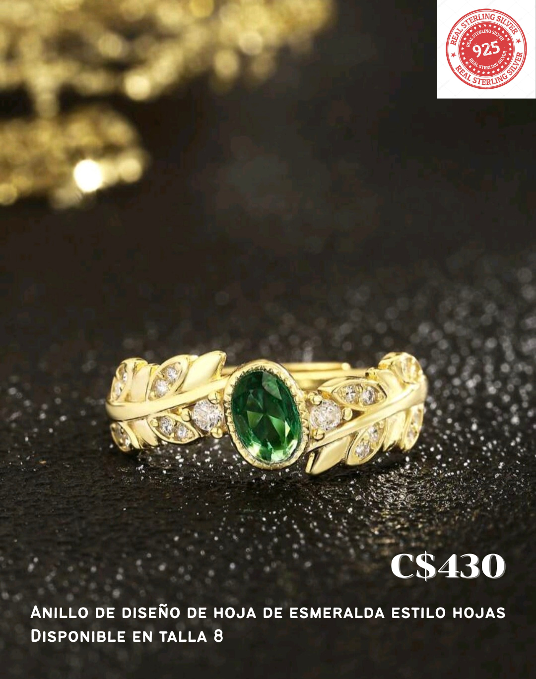 Anillo de diseño de hoja de esmeralda