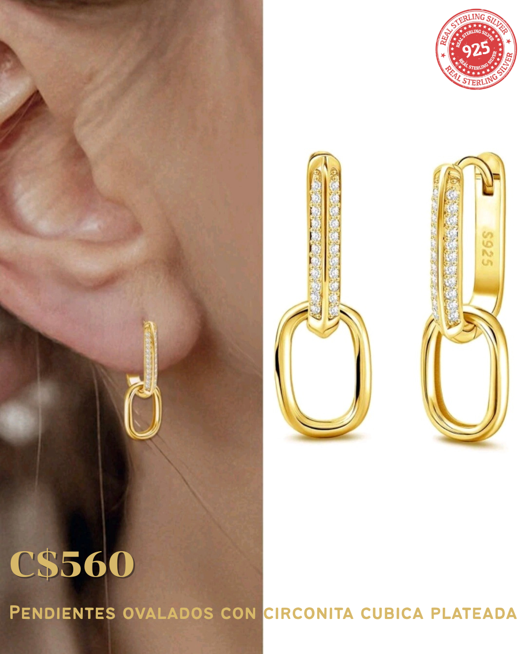 Pendientes ovalados con circonita cúbica plateada